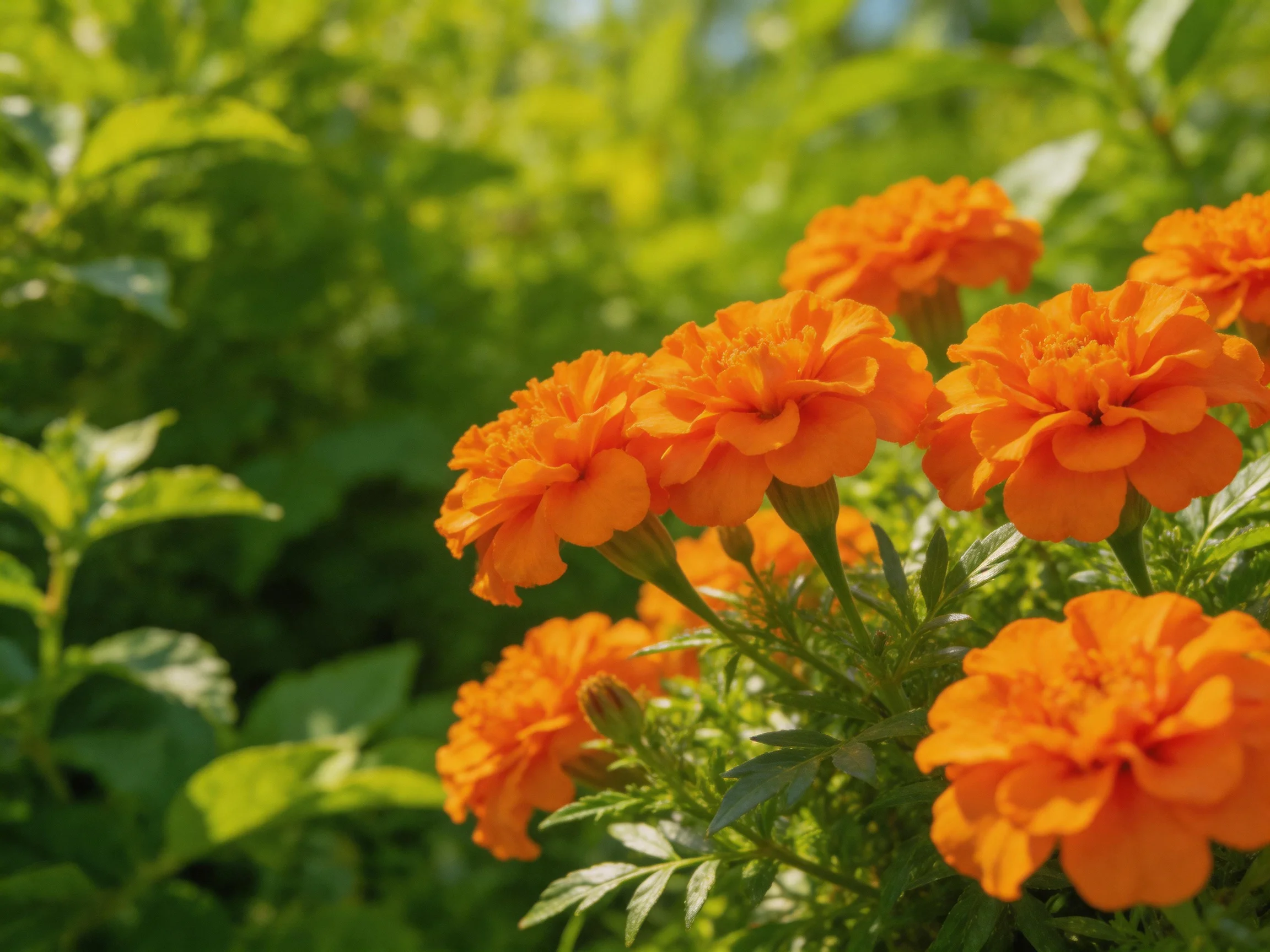 Vibrant orange marigolds cluster amid dense green foliage