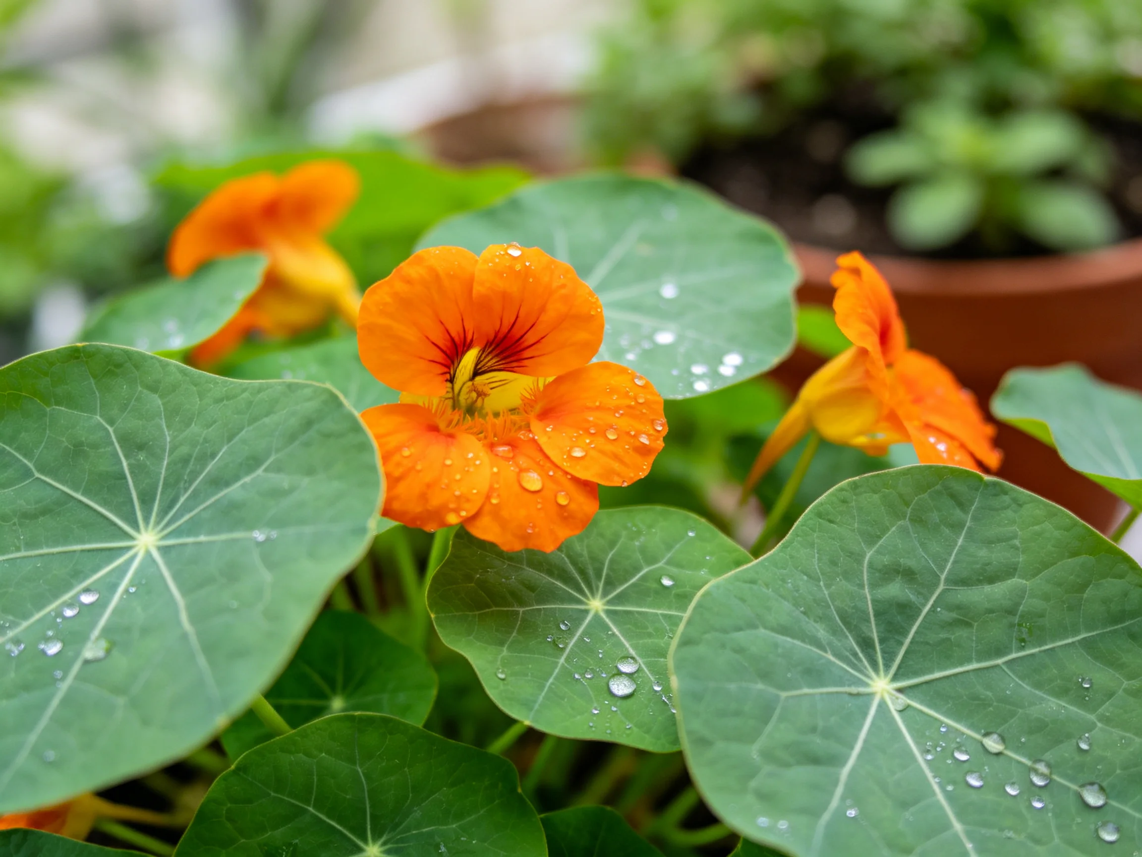 Vibrant orange nasturtium blooms with dewy green leaves