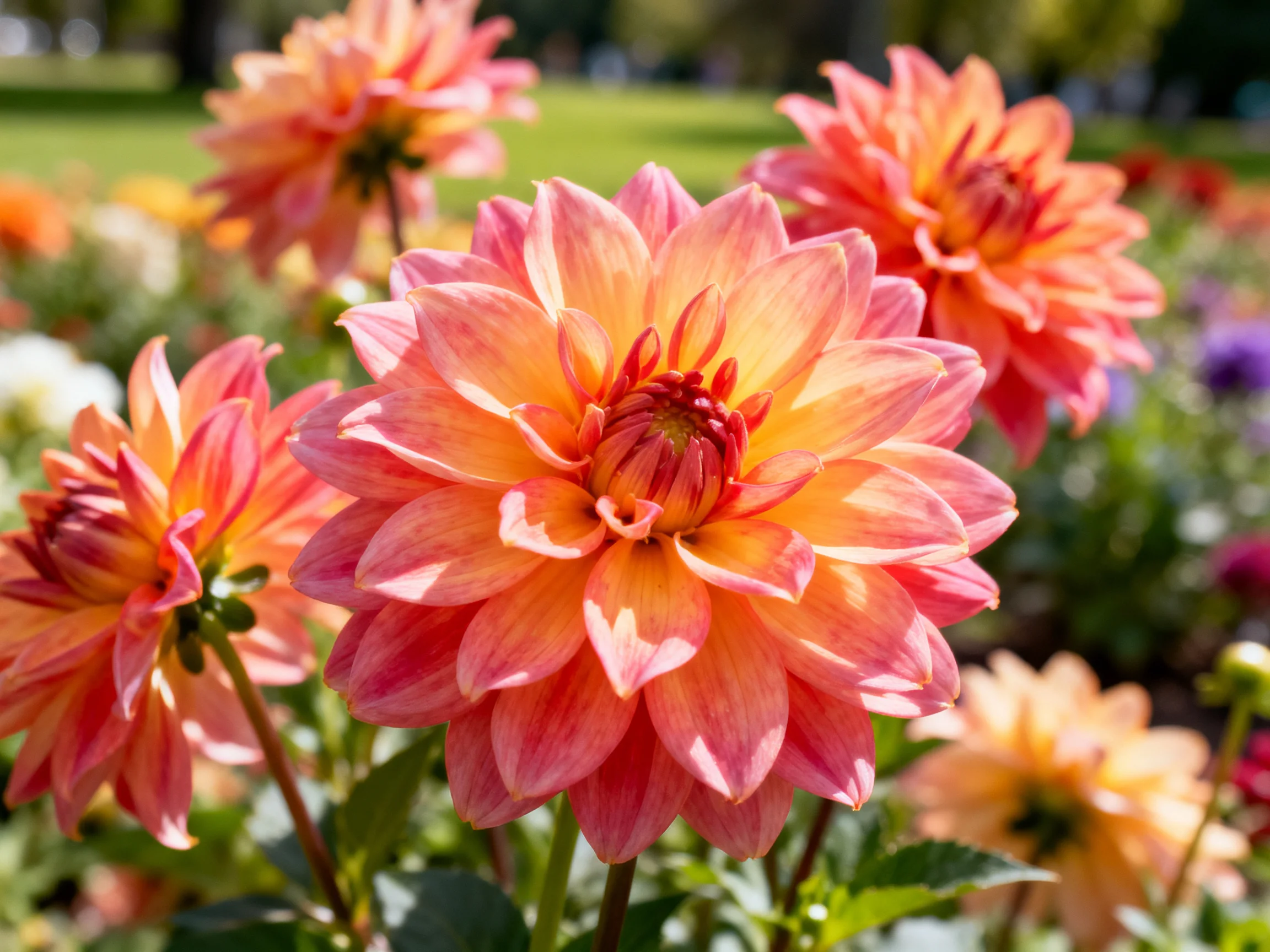 Vibrant orange-pink dahlias bloom abundantly in a sunlit garden
