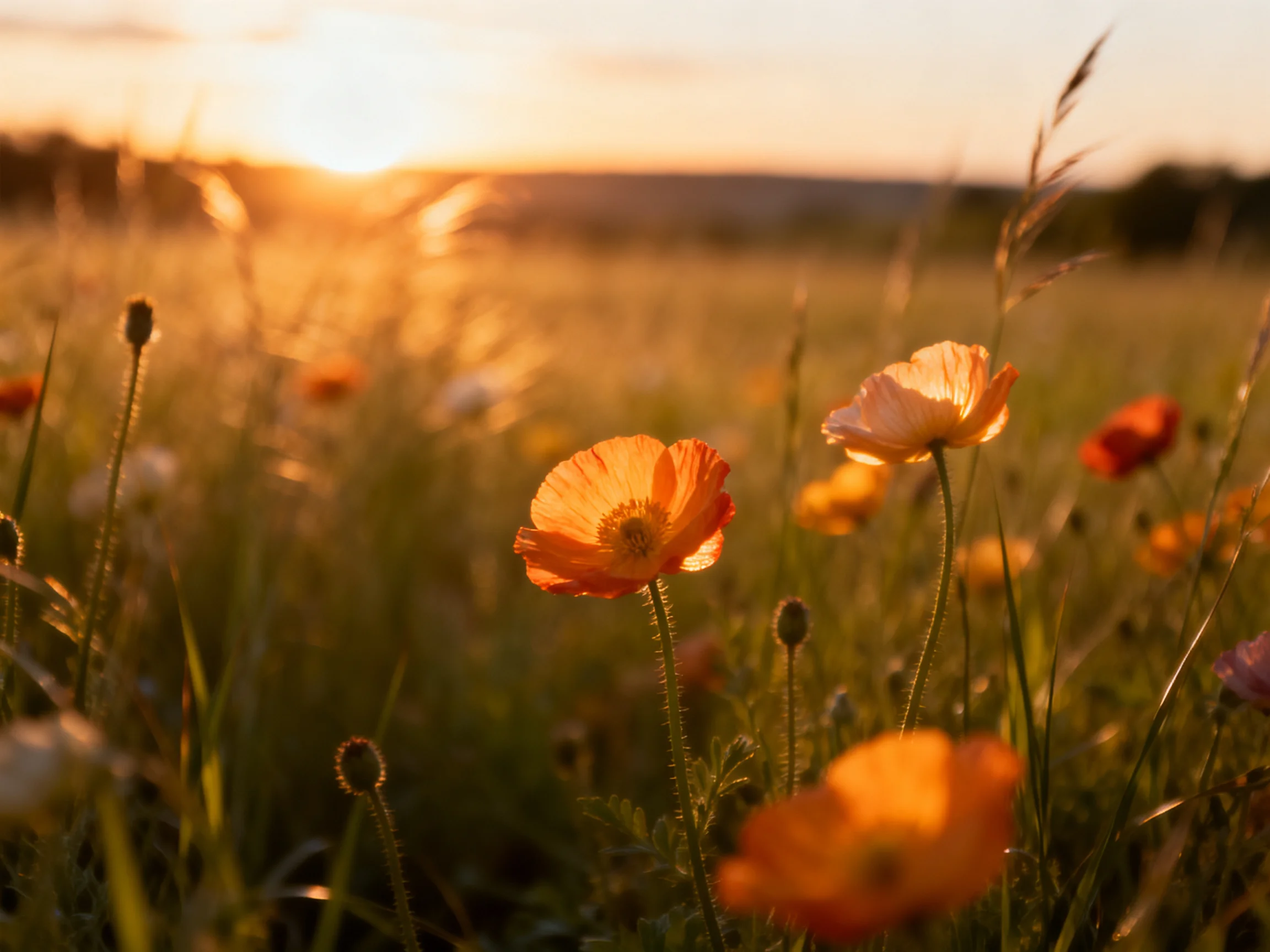 Vibrant orange poppies bloom in a sunlit wildflower meadow at golden hour