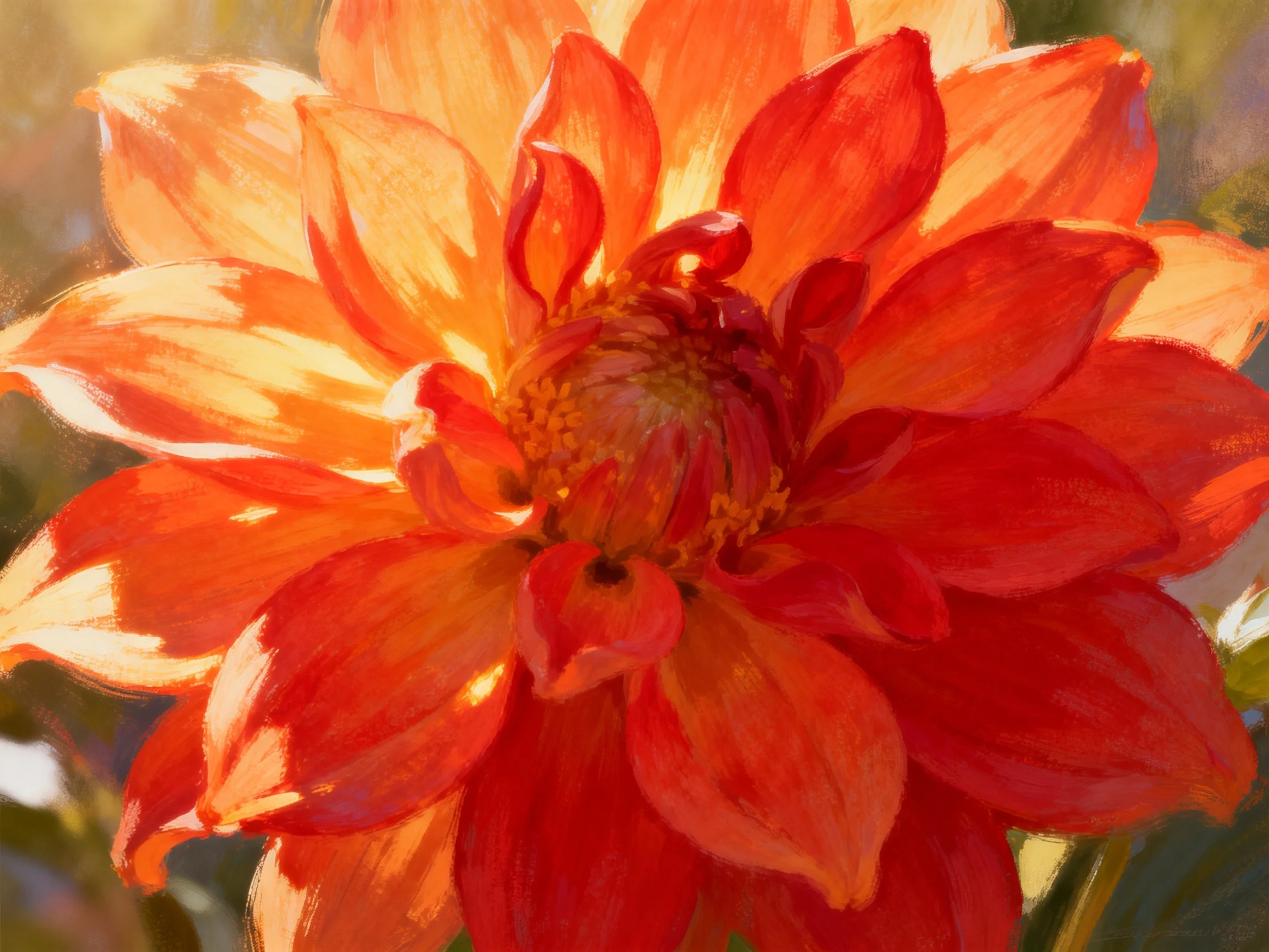 Vibrant orange-red dahlia with layered petals in soft sunlight