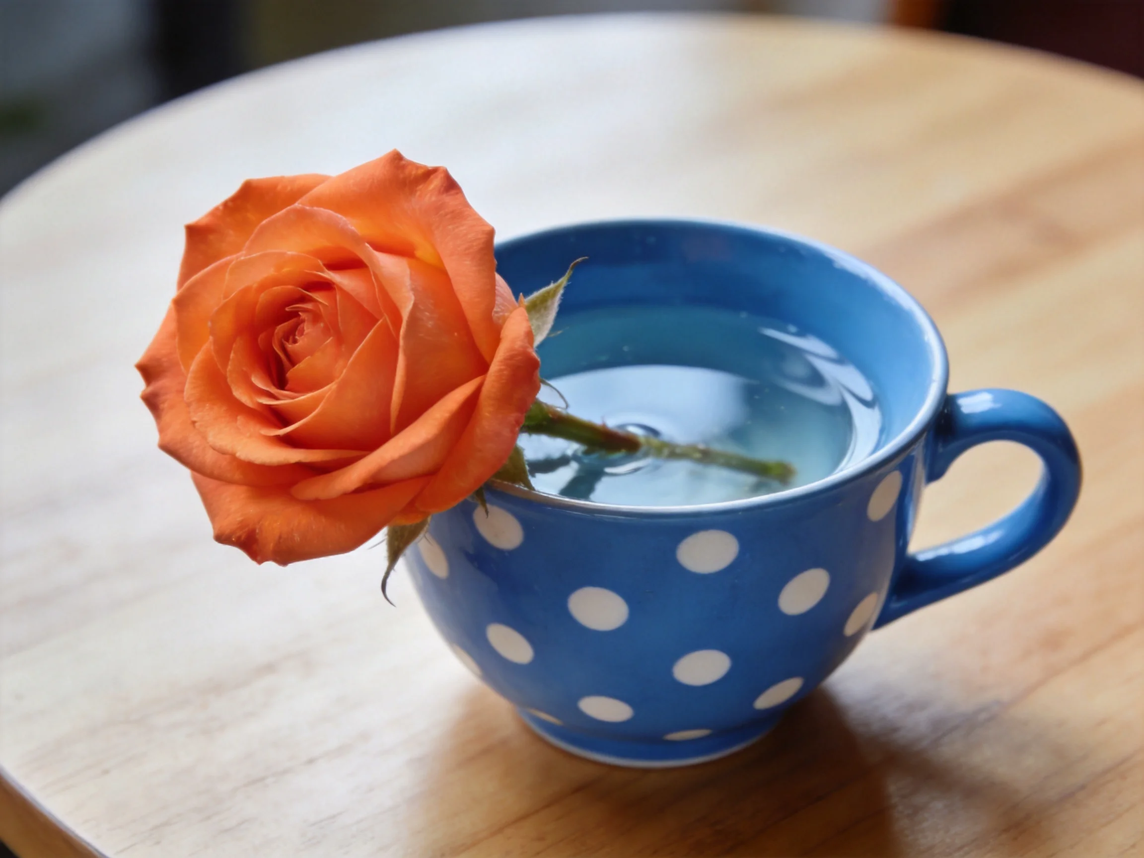 Vibrant orange rose in a blue polka - dotted cup with water