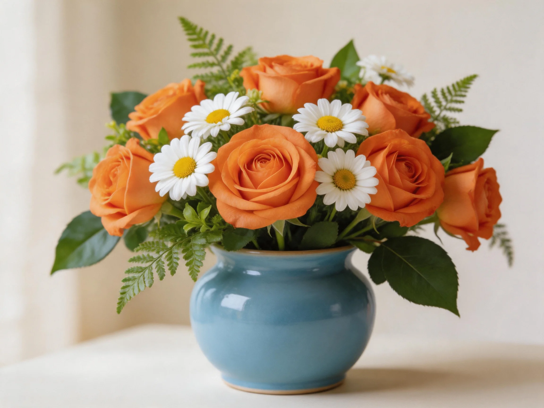 Vibrant orange roses, white daisies, and greenery in a blue vase