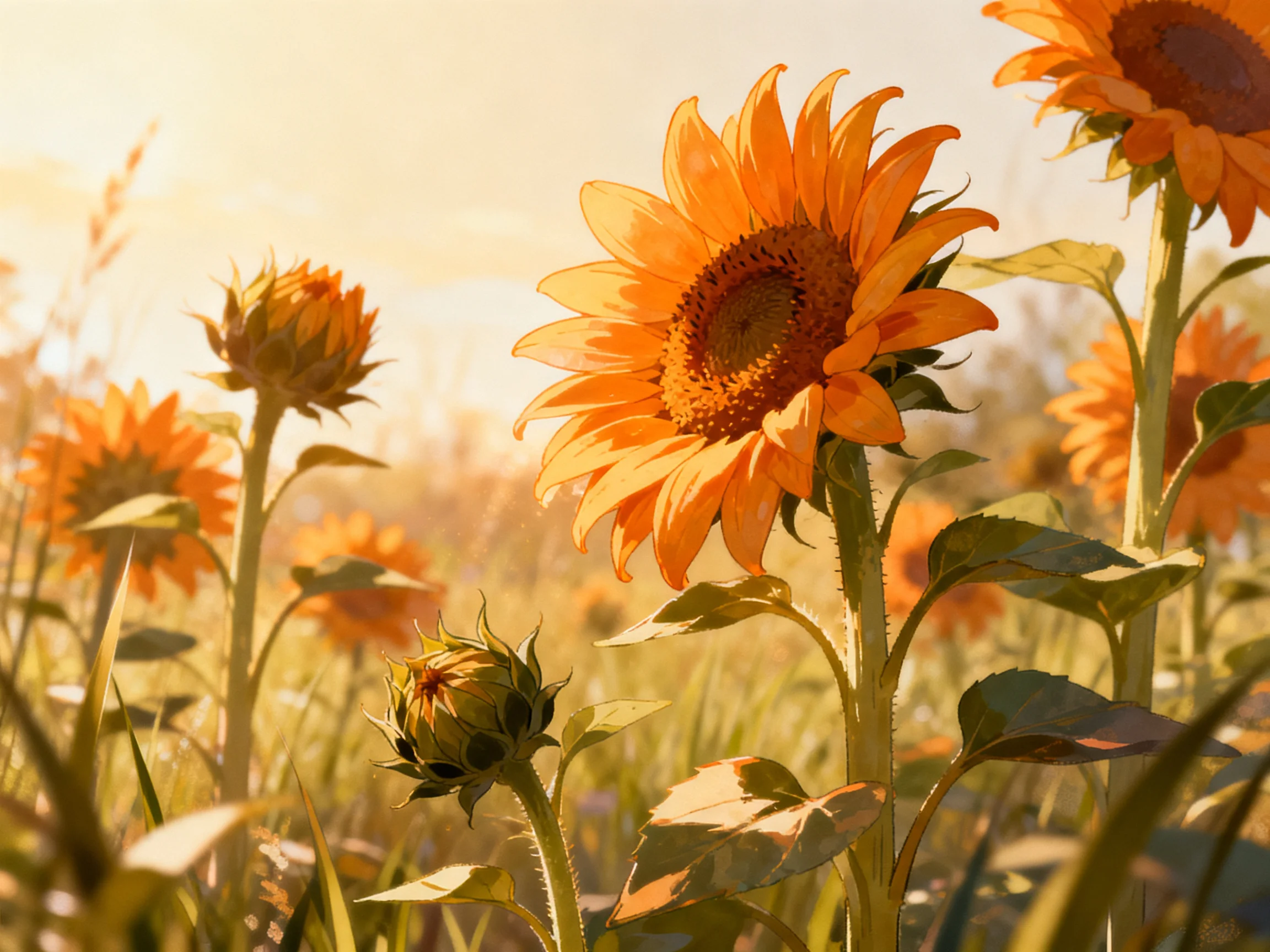Vibrant orange sunflowers bloom in a sun-drenched meadow