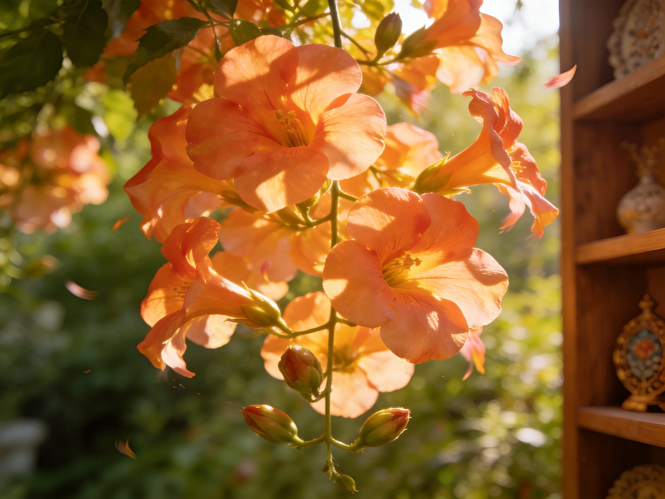 Vibrant orange trumpet flowers bloom near a wooden shelf