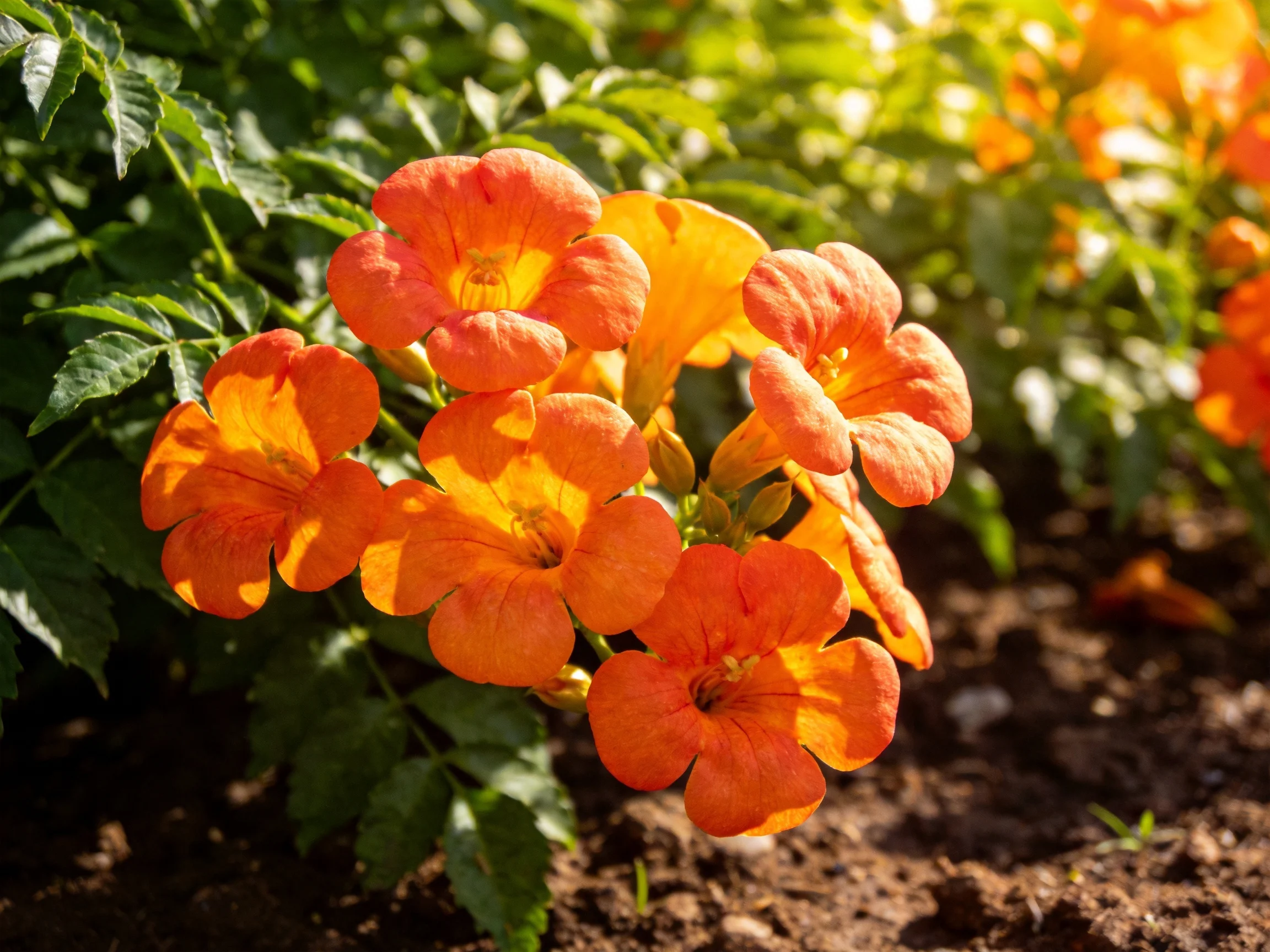 Vibrant orange trumpet - shaped flowers bloom among lush green foliage