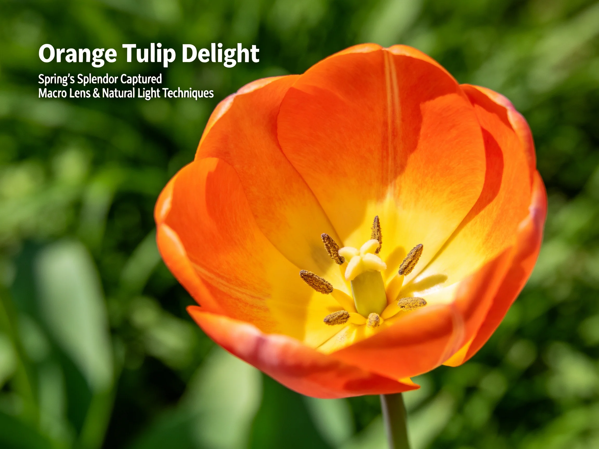 Vibrant orange tulip with yellow center, showcasing macro detail