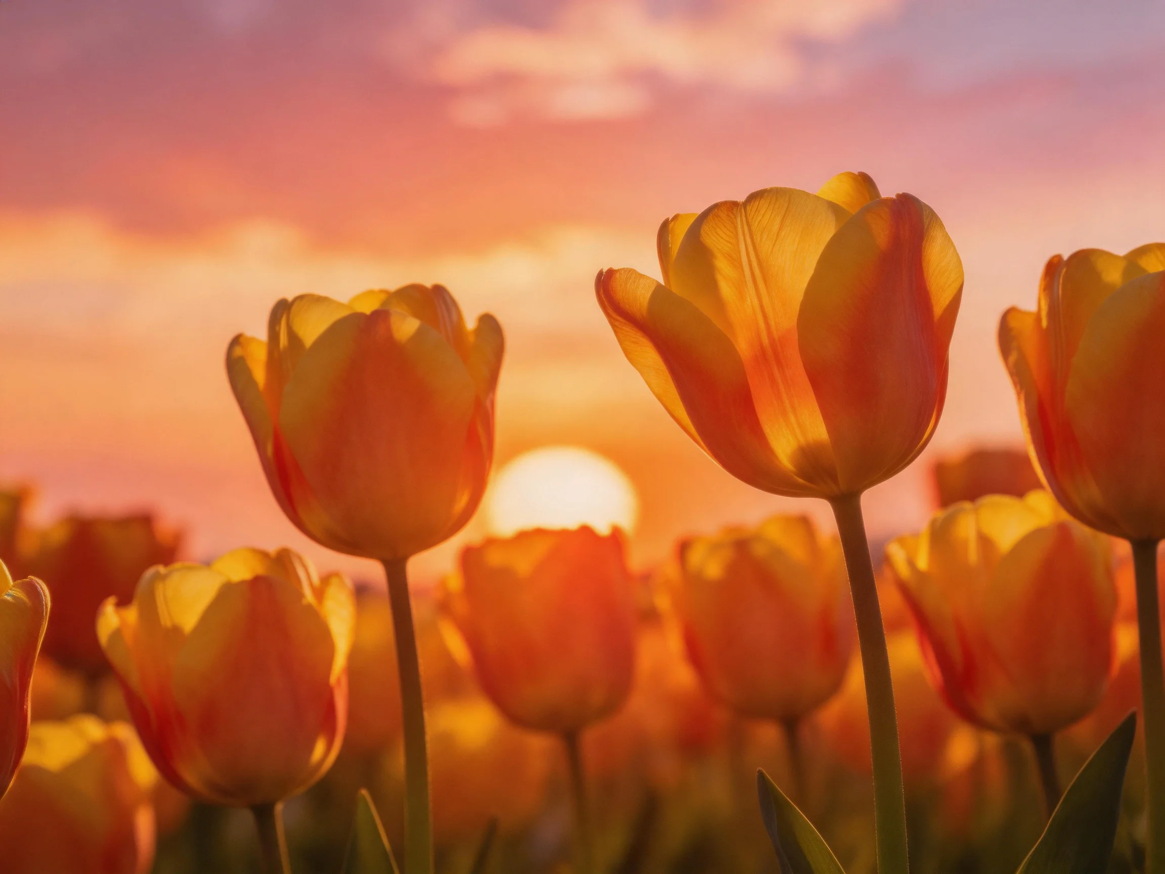 Vibrant orange tulips bloom beneath a pink sunset sky