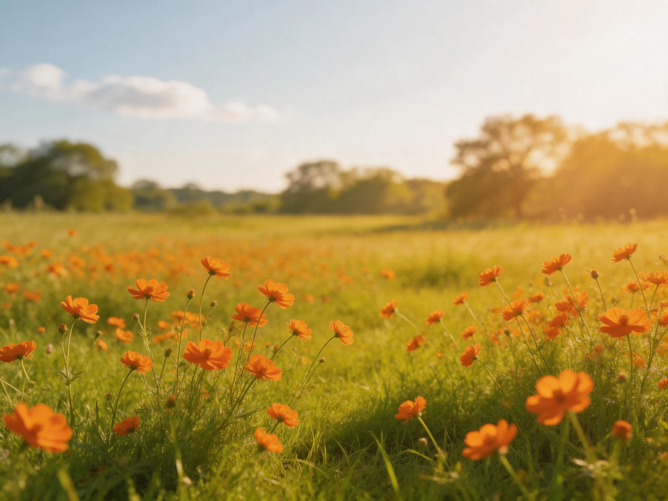 Vibrant orange wildflowers bloom in a sun-drenched green meadow