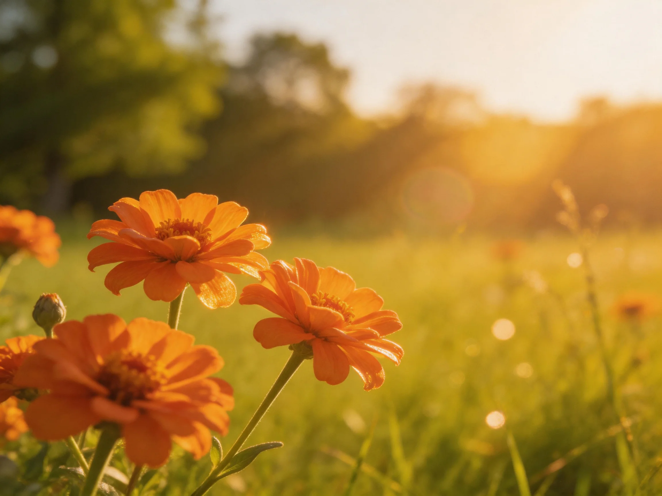 Vibrant orange zinnias bloom in a sunlit green meadow with golden-hour light
