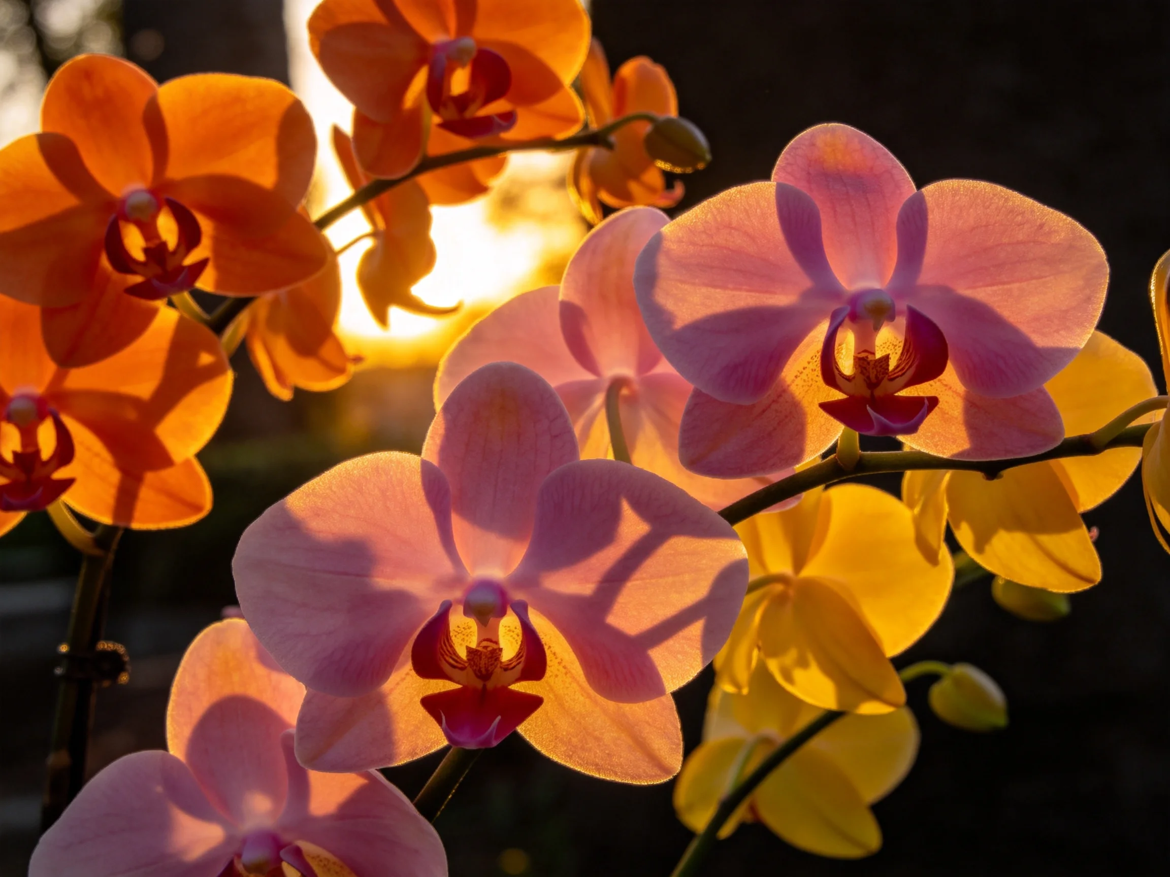 Vibrant orchid blooms in shades of orange, pink, and yellow under golden sunlight
