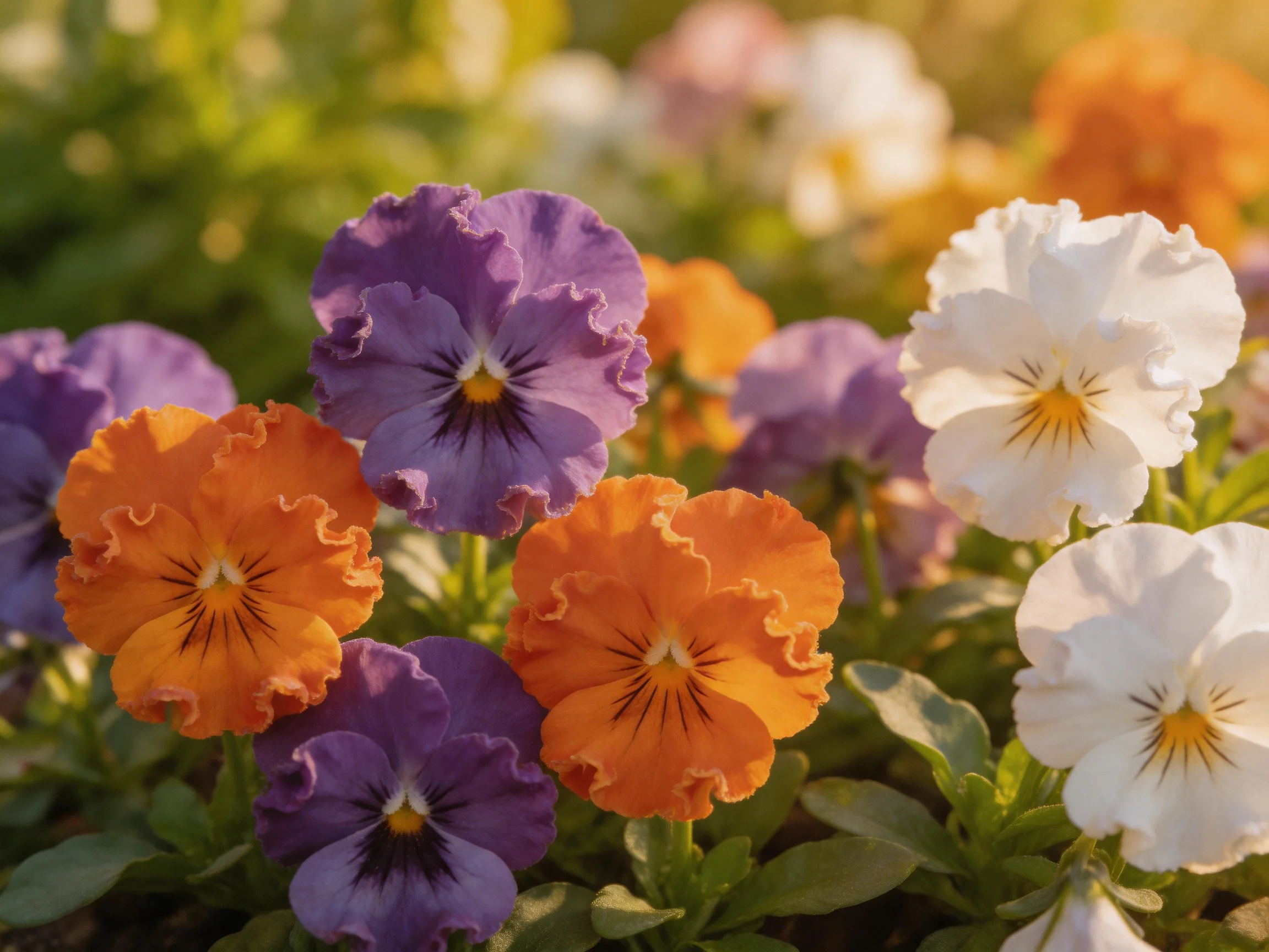Vibrant pansies in purple, orange, and white bloom under soft sunlight