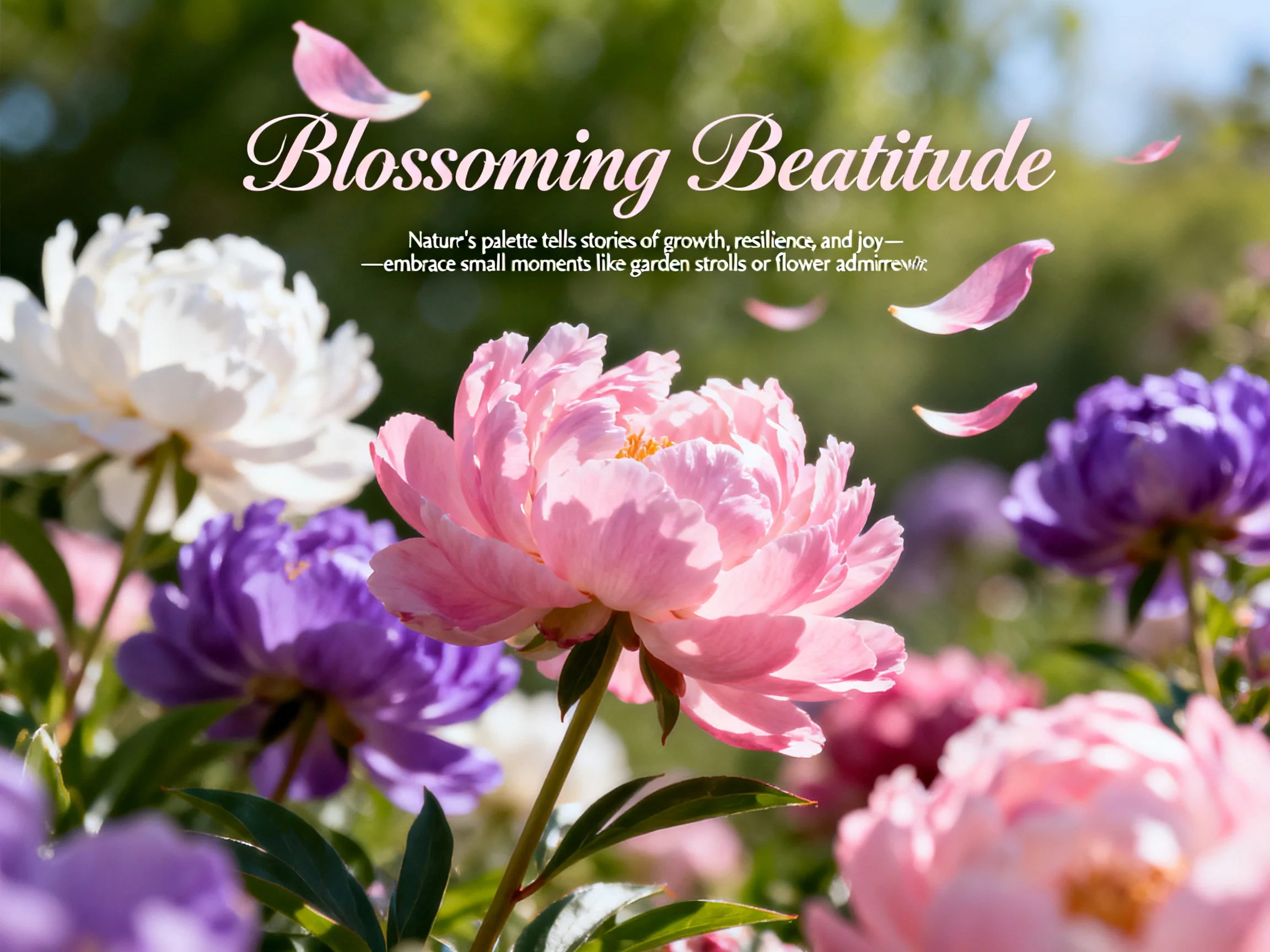 Vibrant peony garden with pink, white, purple flowers and falling petals