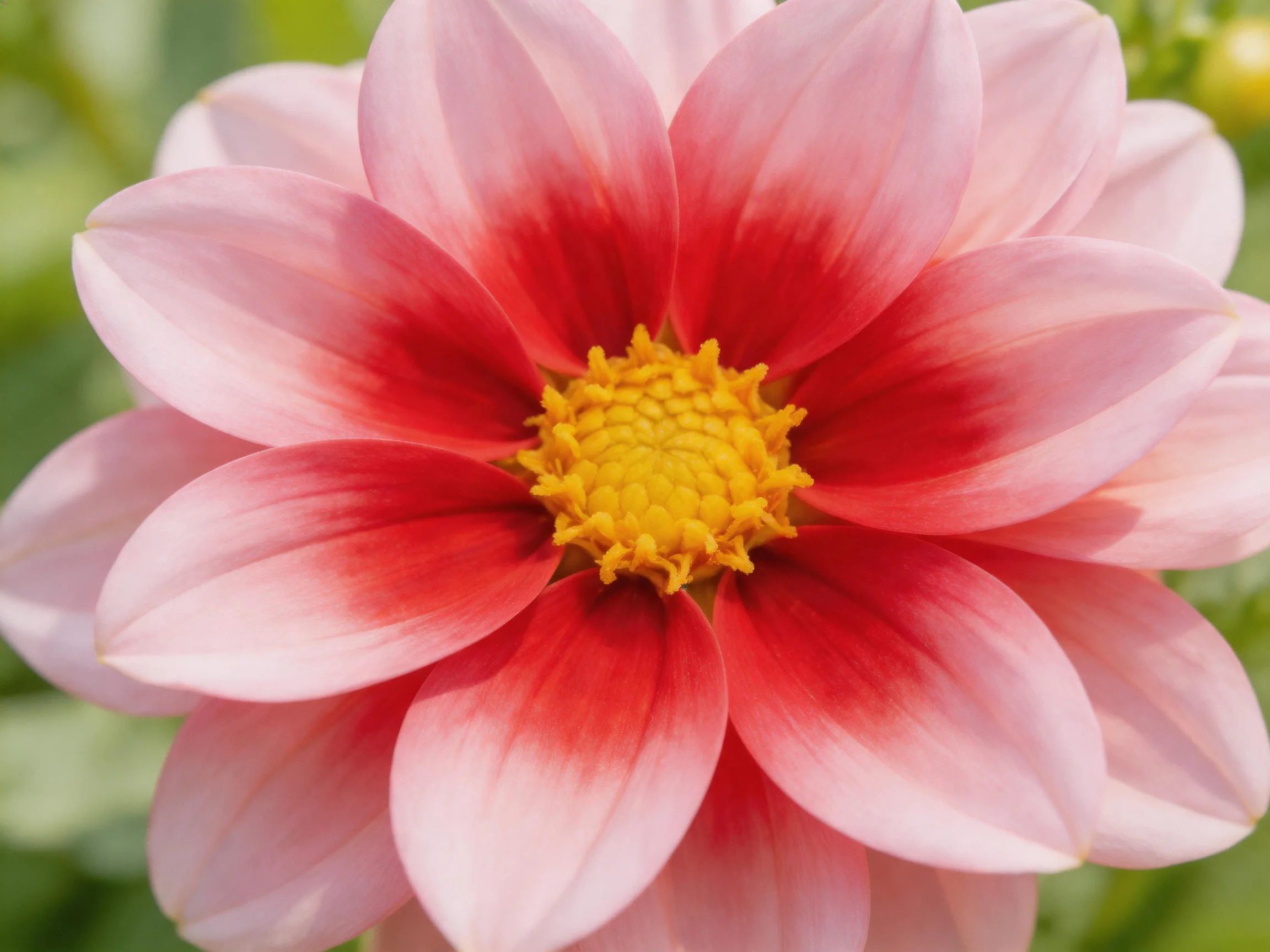 Vibrant pink and red dahlia with bright yellow center