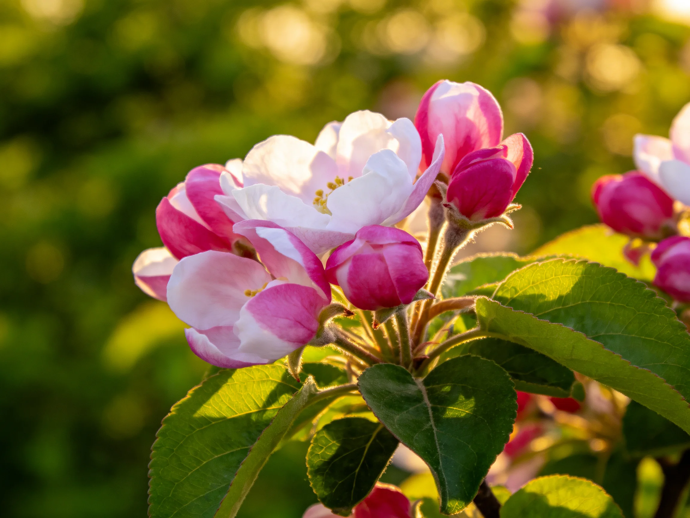 Vibrant pink and white blossoms with lush green foliage under golden sunlight