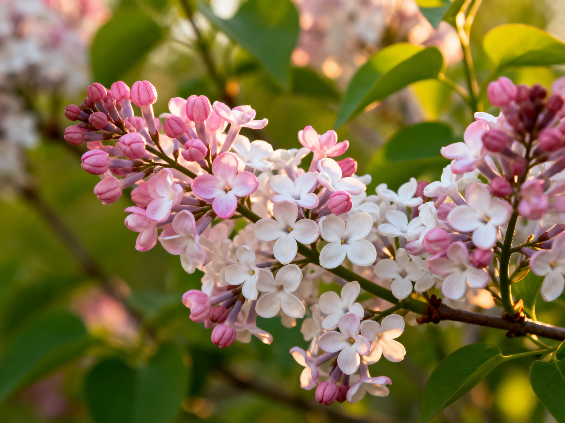 Vibrant pink and white lilac blooms clustered among lush green foliage
