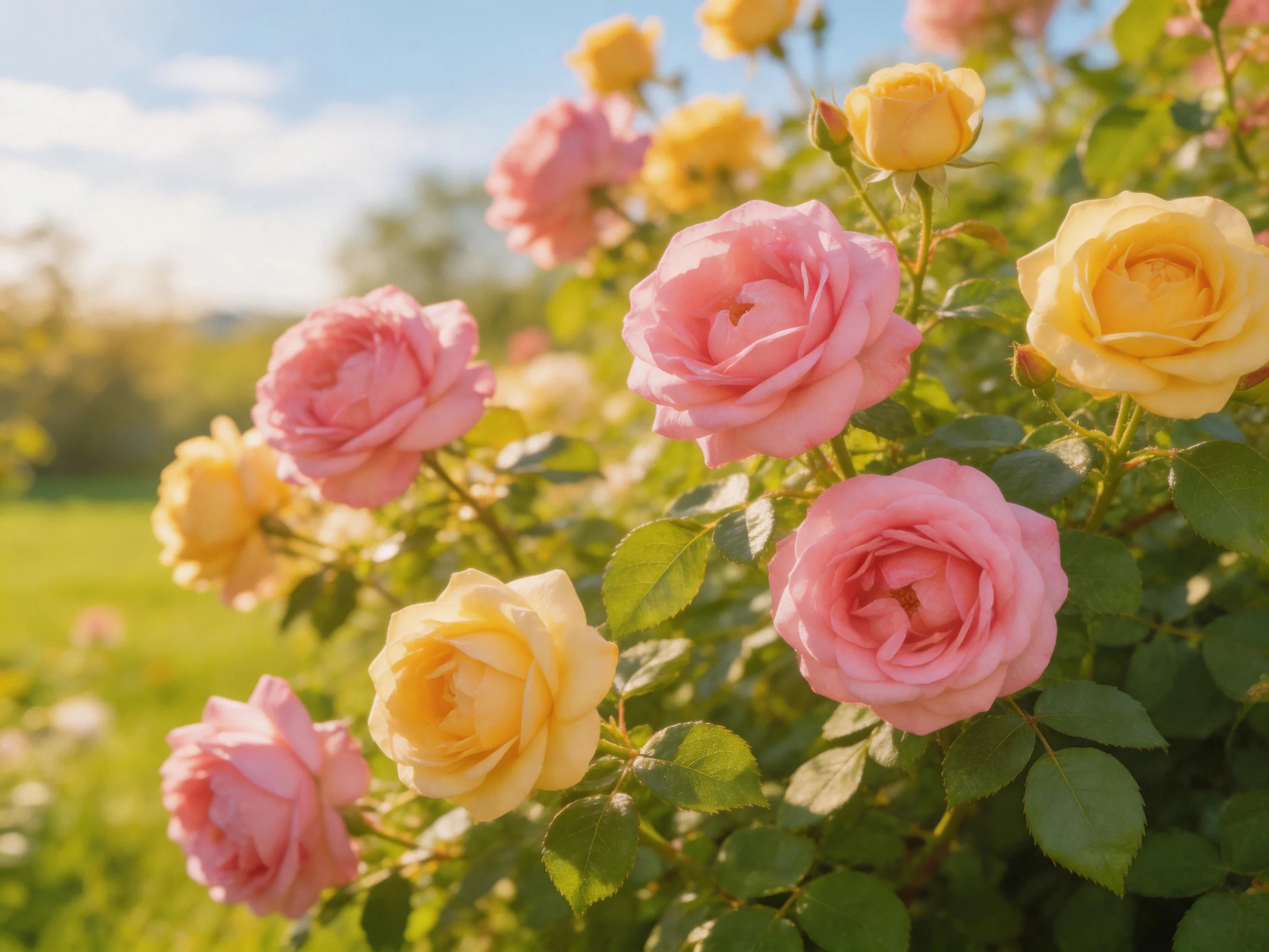 Vibrant pink and yellow roses bloom in a sunlit garden