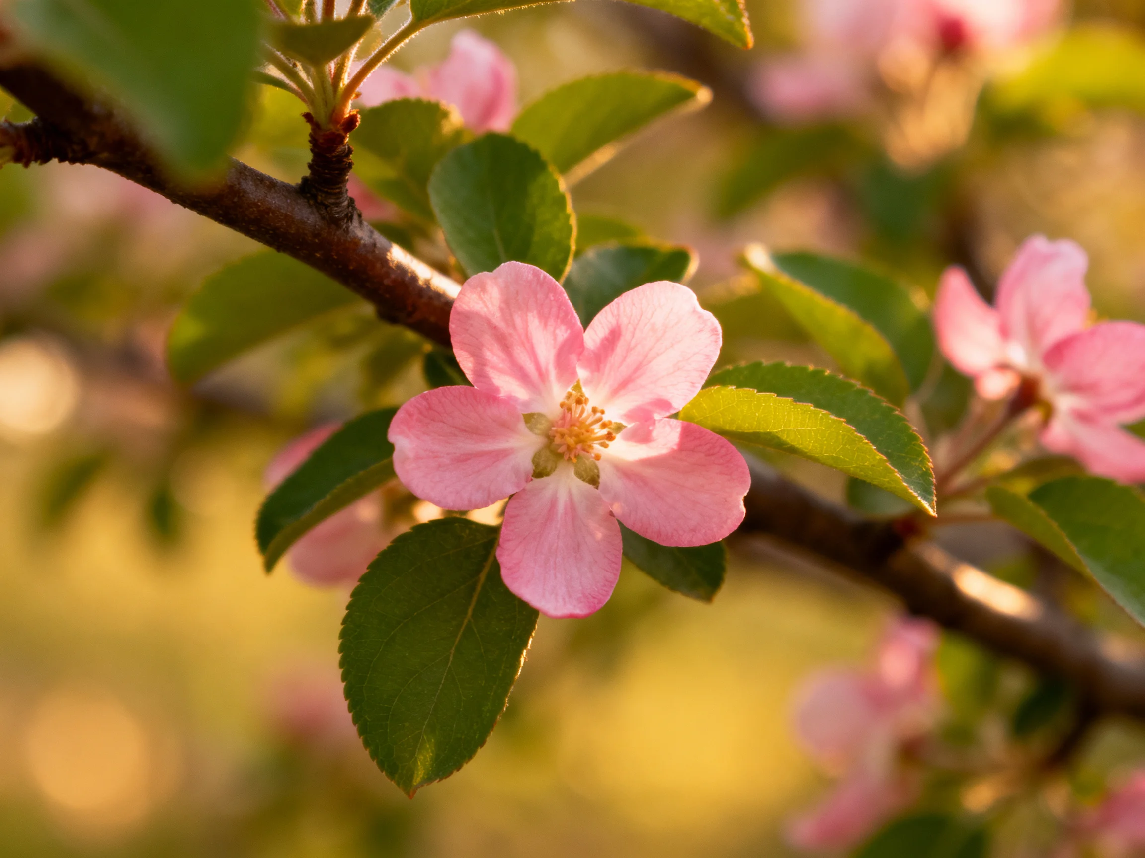 Vibrant pink apple blossoms bloom on a tree branch with glossy green leaves