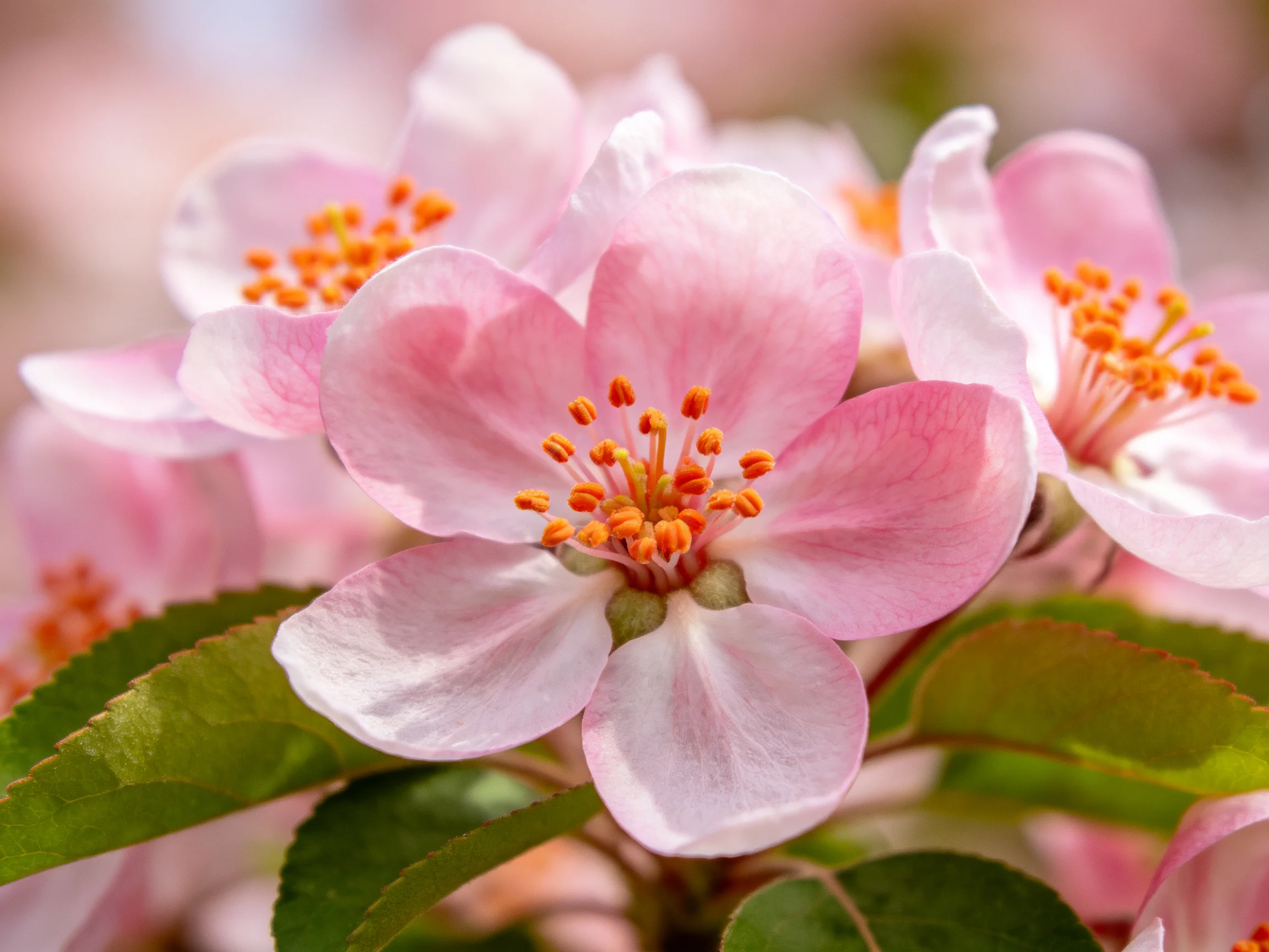 Vibrant pink apple blossoms with orange stamens and lush green leaves