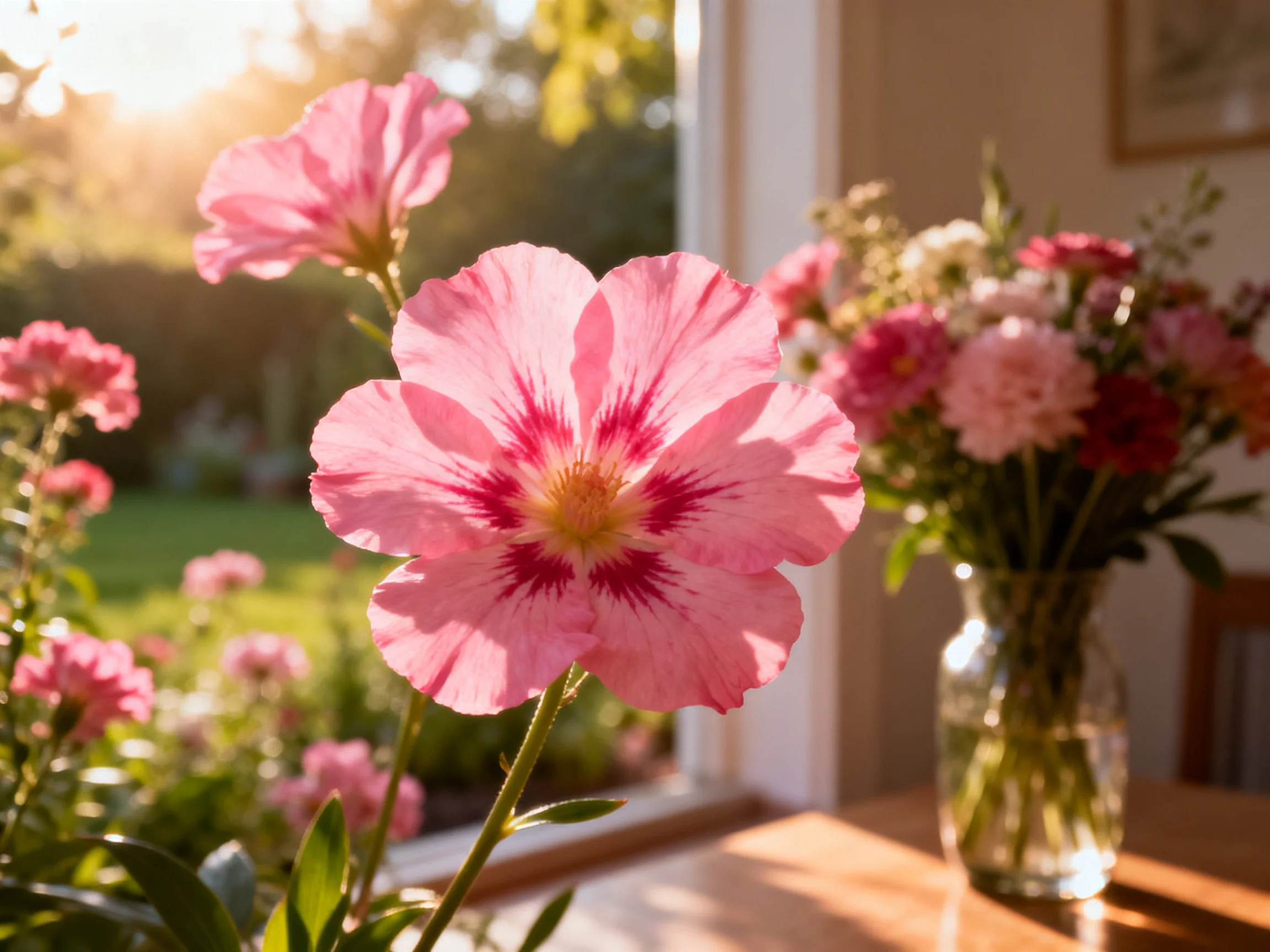Vibrant pink blooms near a glass vase with sunlight streaming through a window
