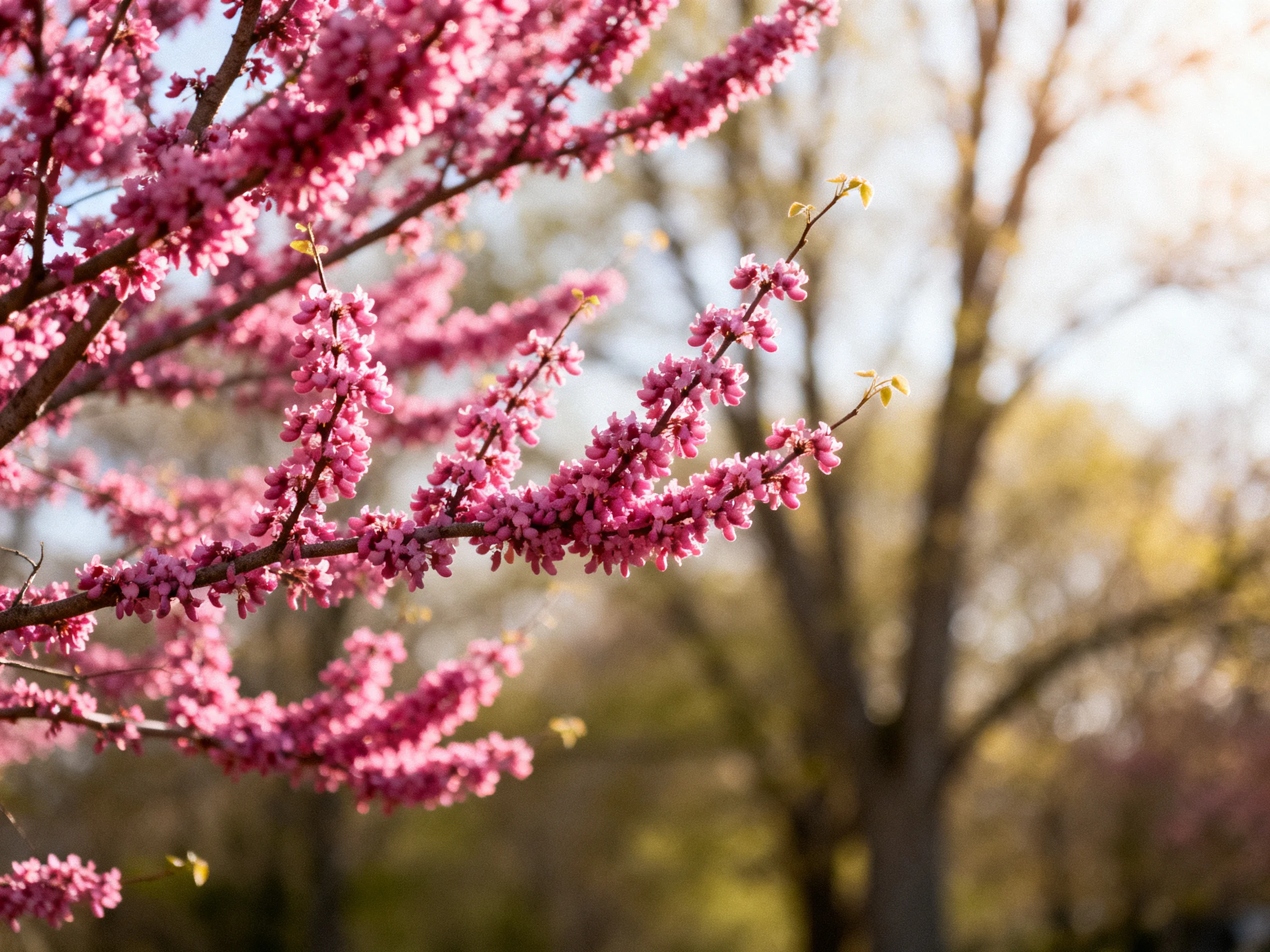 Vibrant pink blossoms adorn tree branches amid soft sunlight