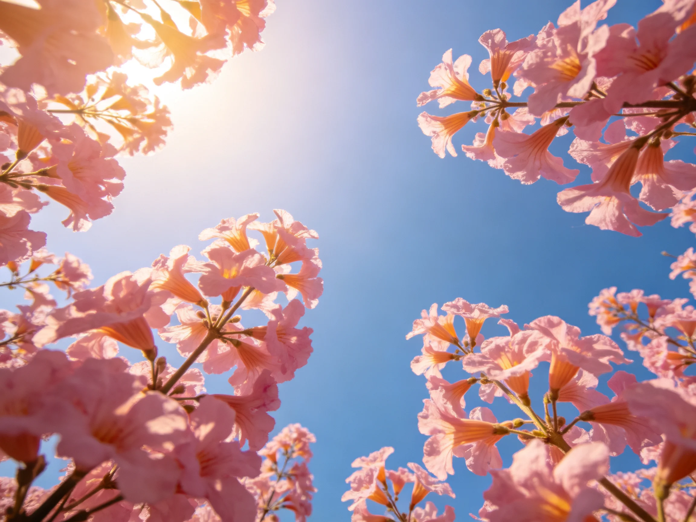 Vibrant pink blossoms against a clear blue sky with golden sunlight