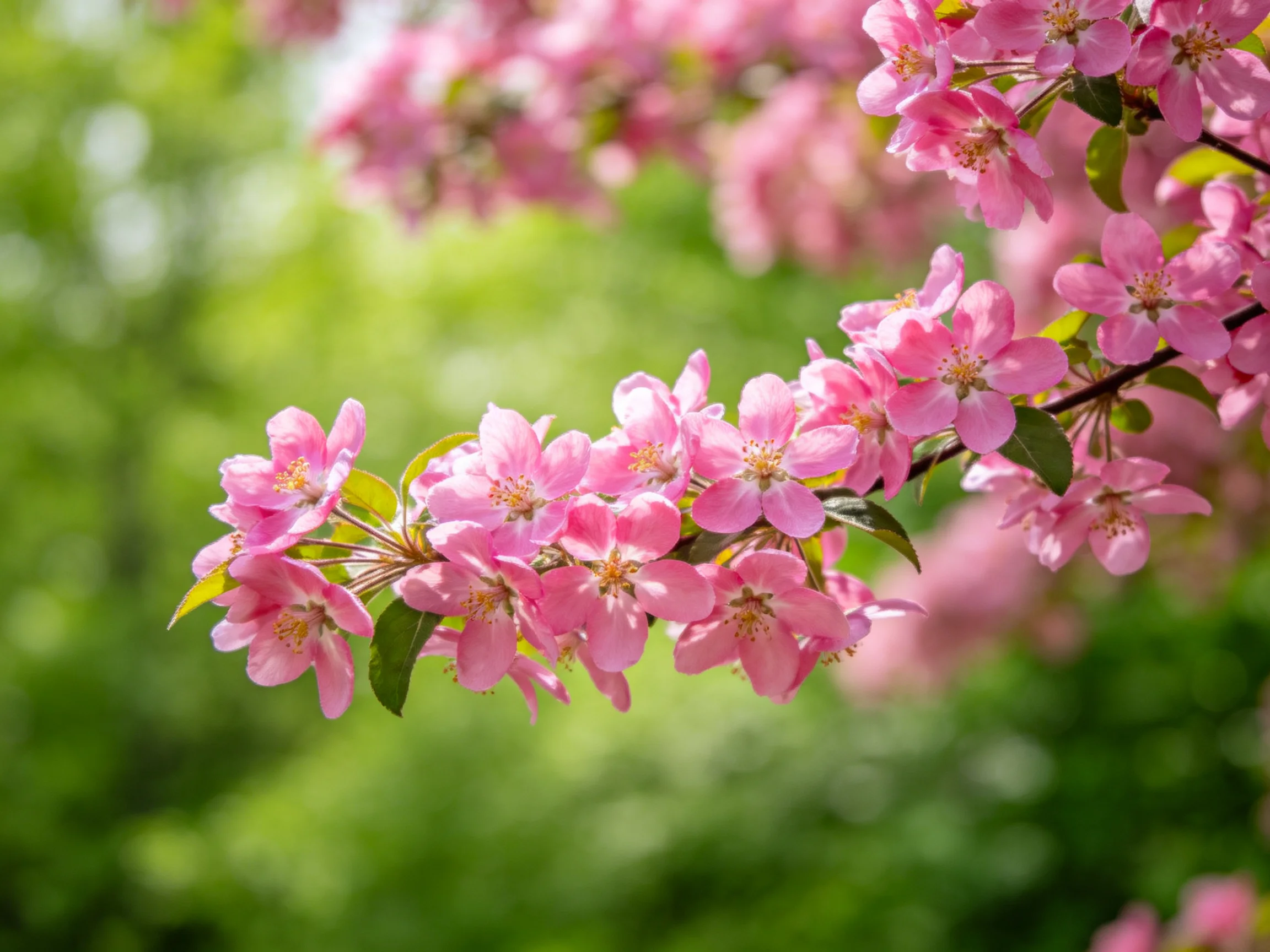 Vibrant pink blossoms bloom on a branch against a green backdrop