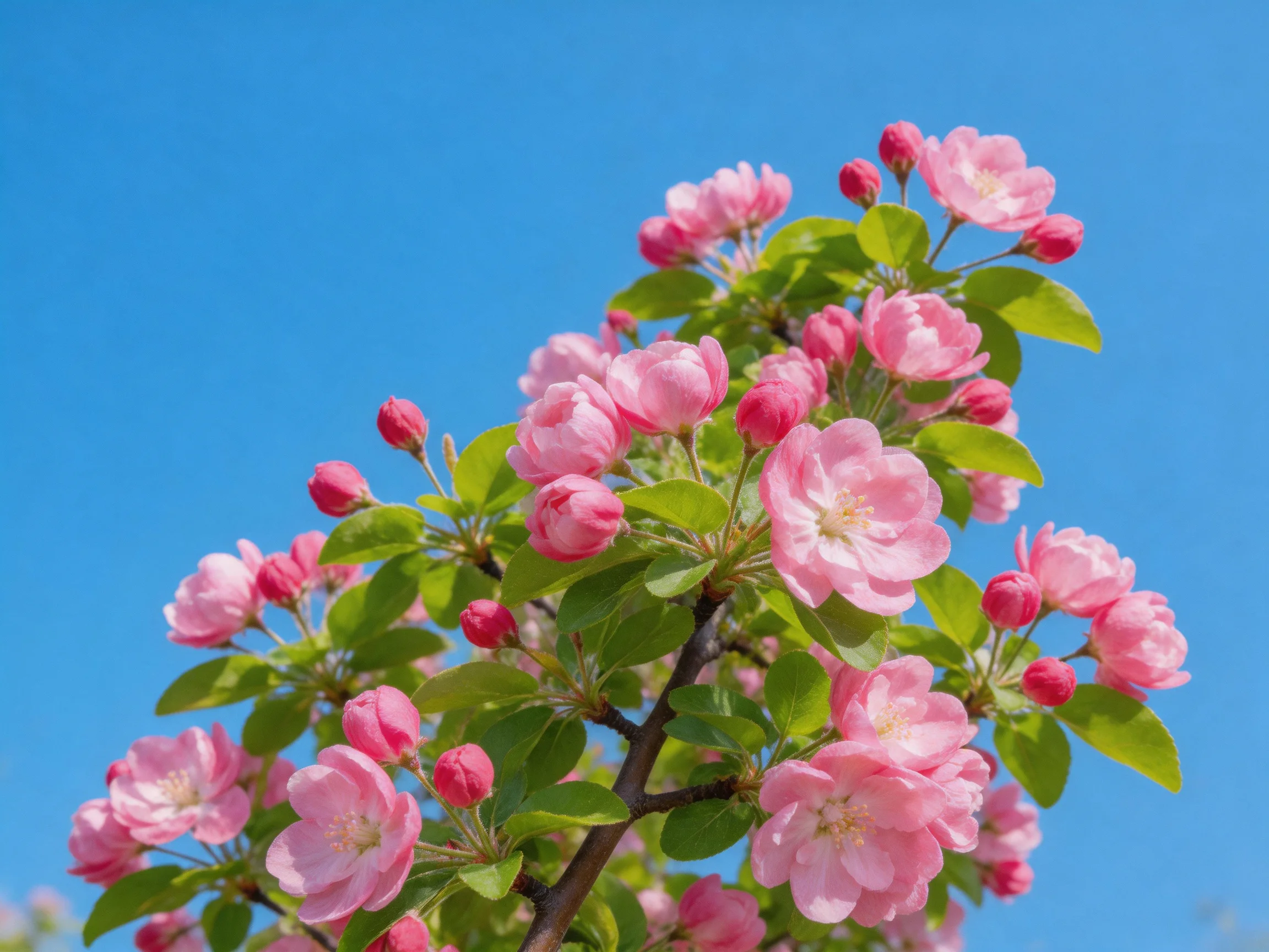 Vibrant pink blossoms with green foliage against clear blue sky