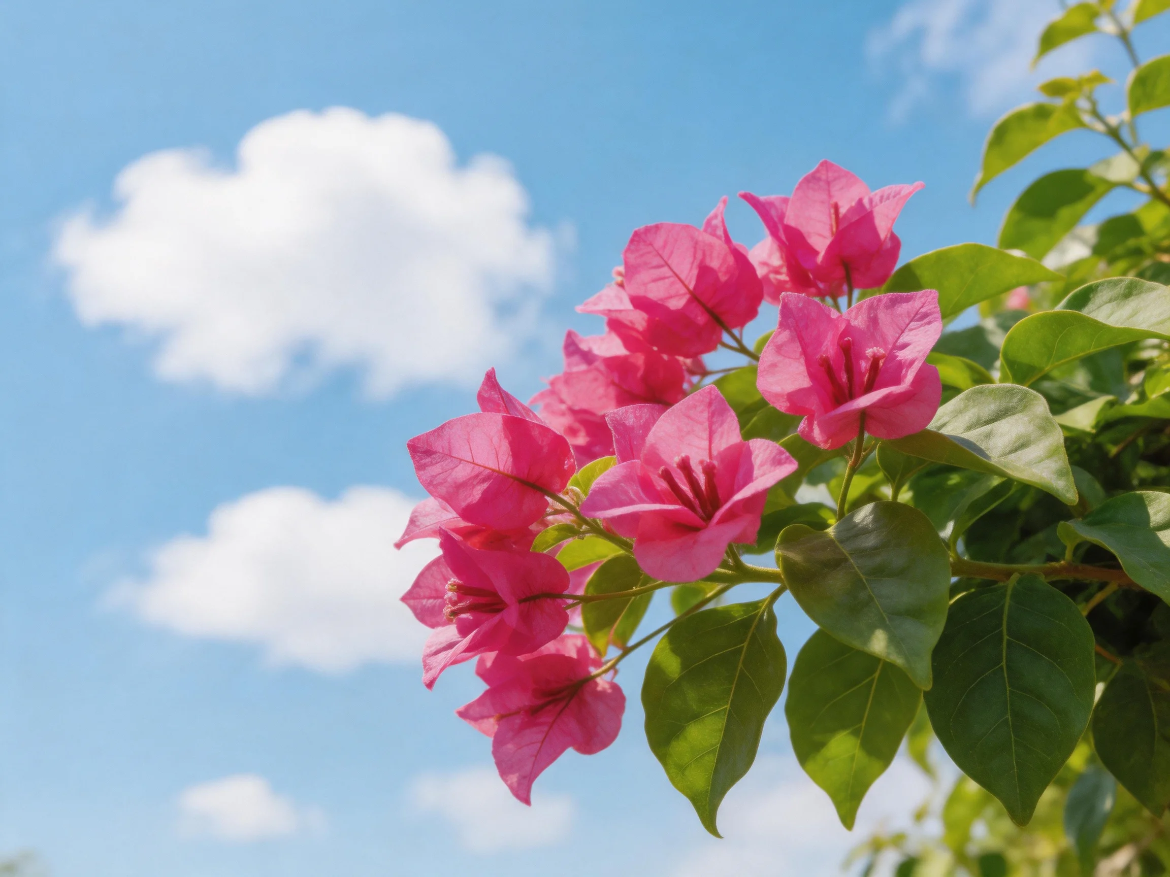 Vibrant pink bougainvillea blooms against bright blue sky with white clouds