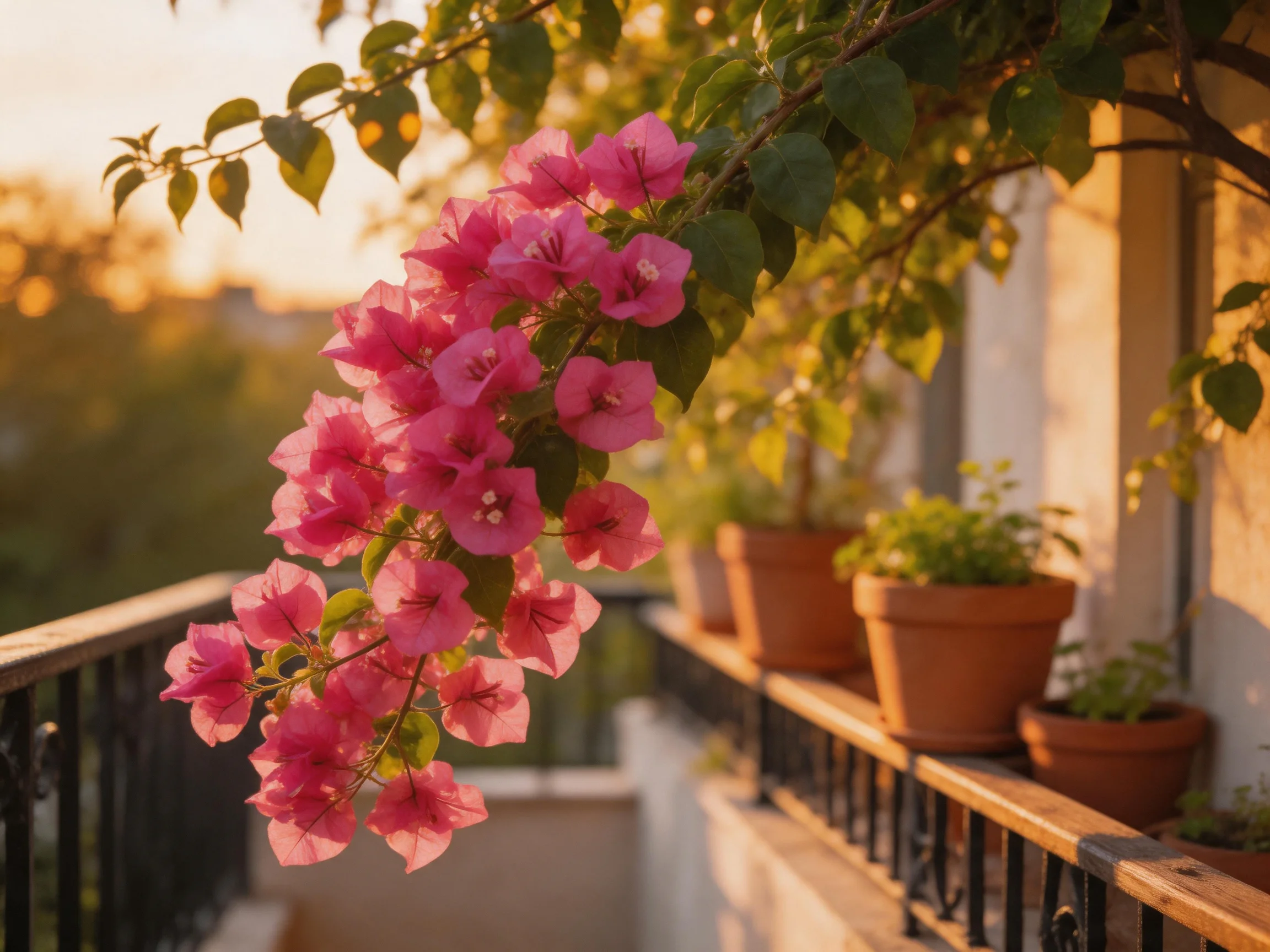 Vibrant pink bougainvillea blooms hang from a sunlit balcony railing