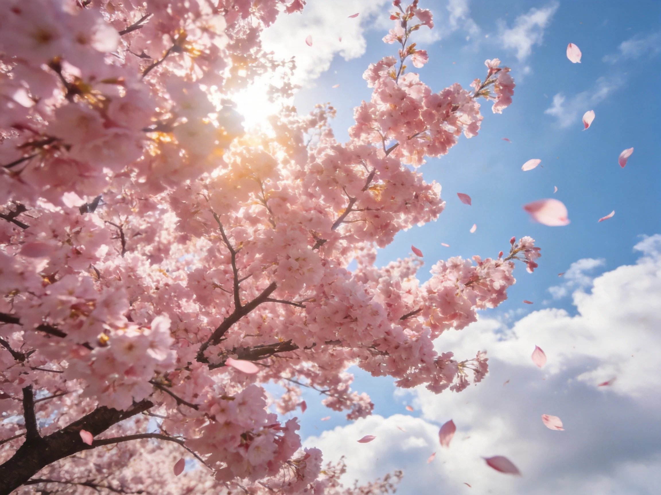 Vibrant pink cherry blossom branches with falling petals against bright blue sky