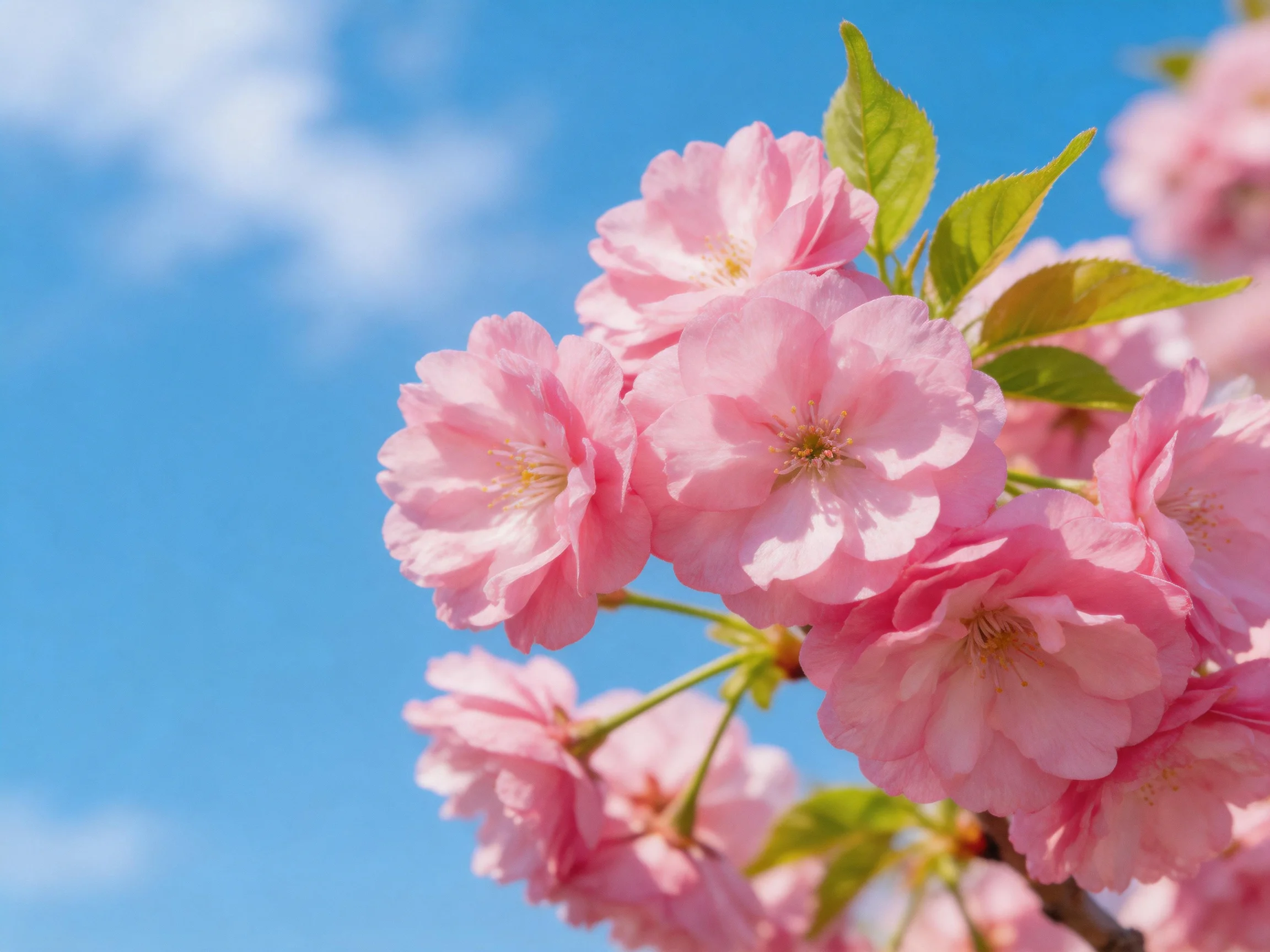 Vibrant pink cherry blossom cluster against a clear blue sky