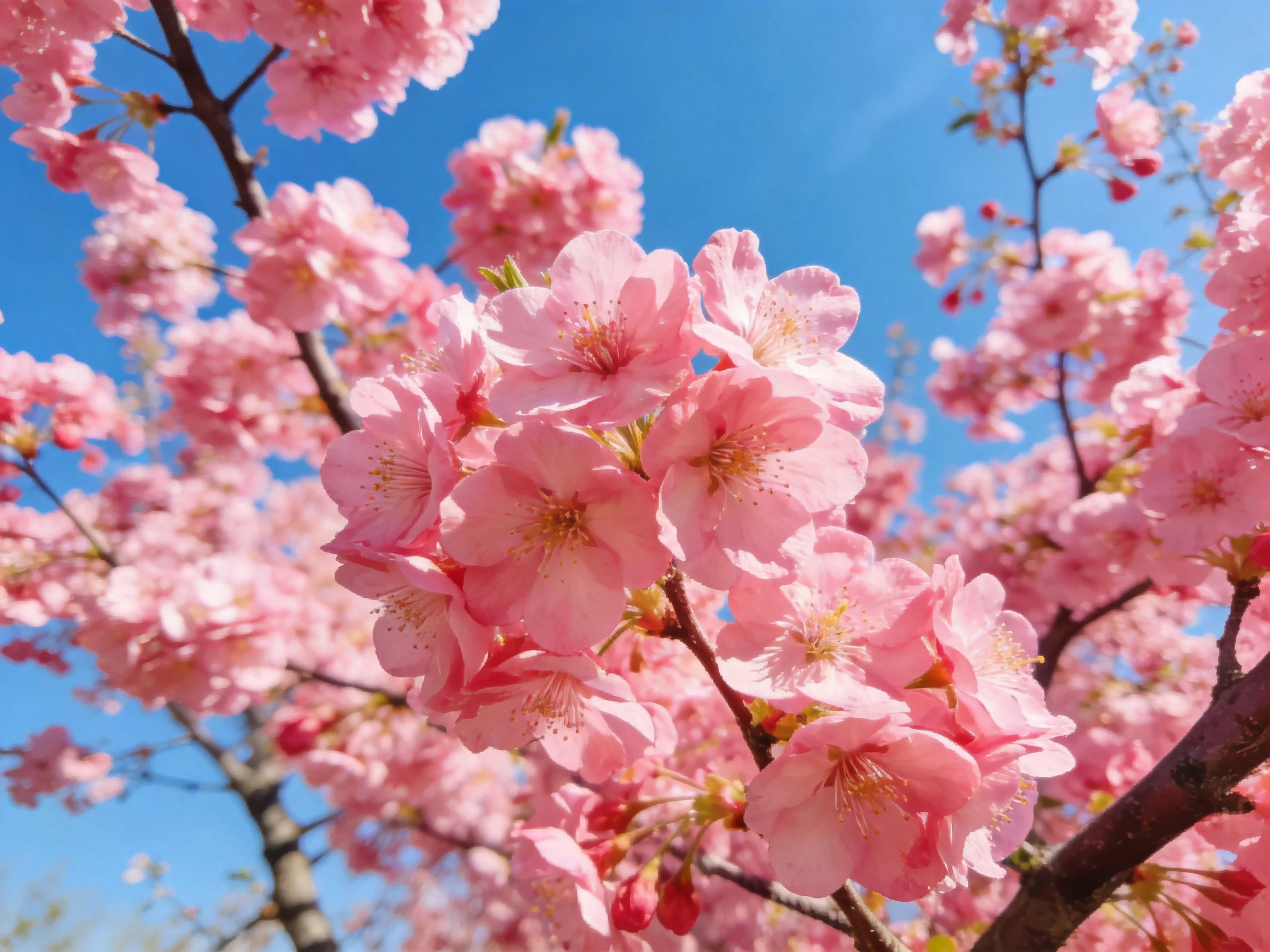 Vibrant pink cherry blossom clusters against a clear blue sky