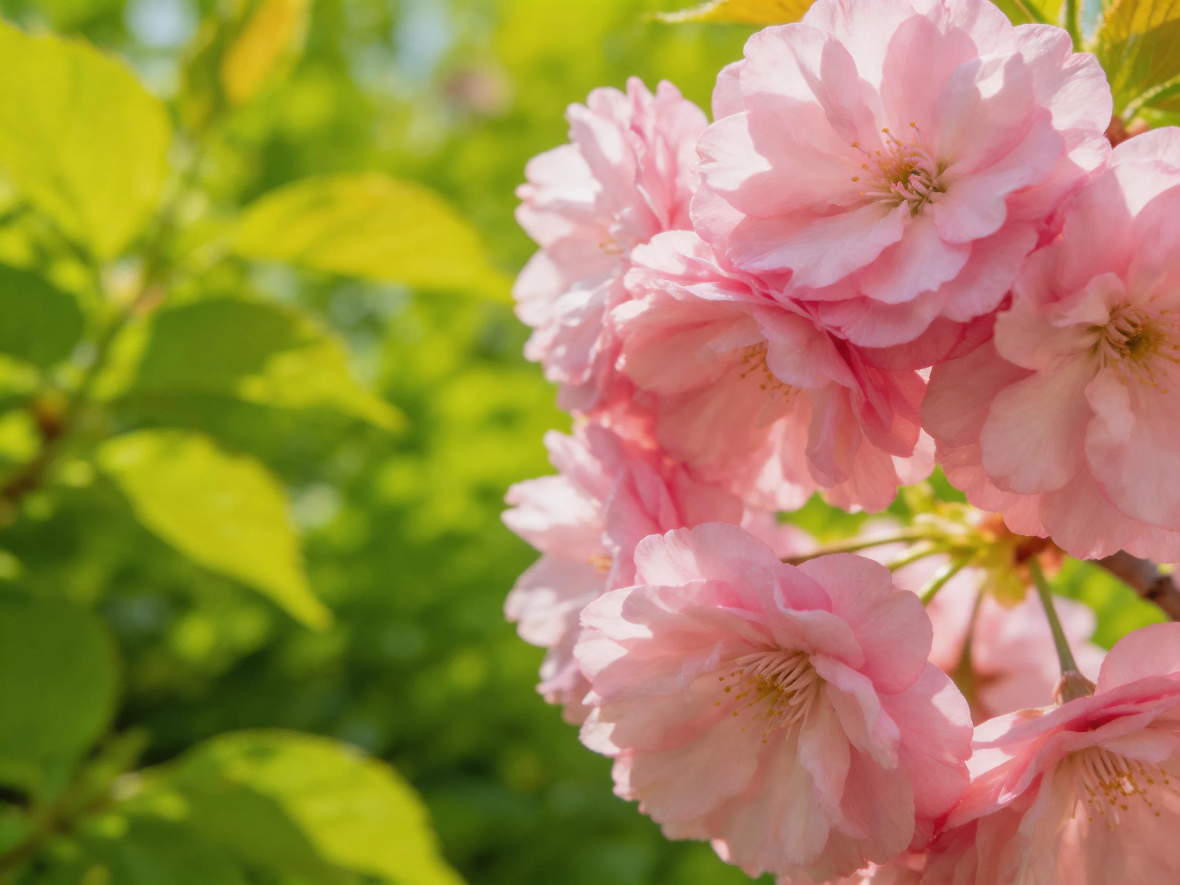 Vibrant pink cherry blossom clusters amidst lush green foliage