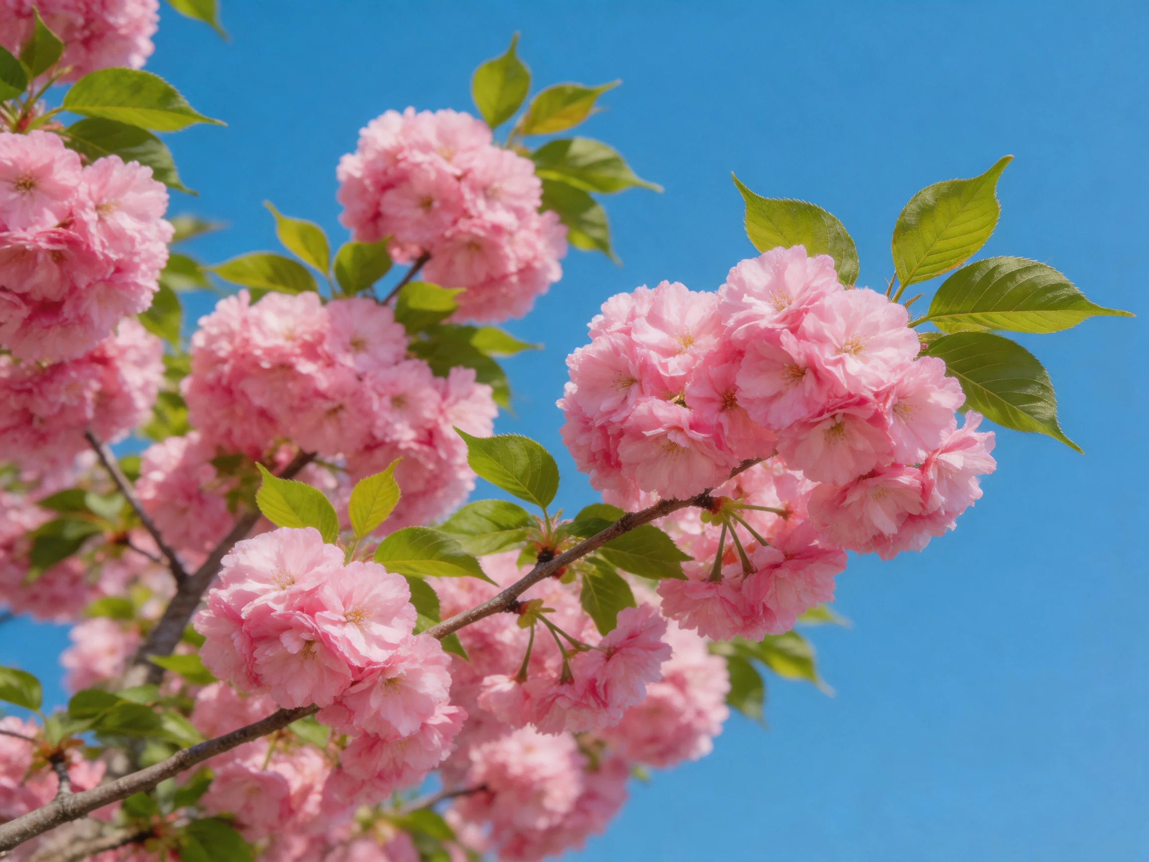 Vibrant pink cherry blossom clusters bloom beneath a clear blue sky
