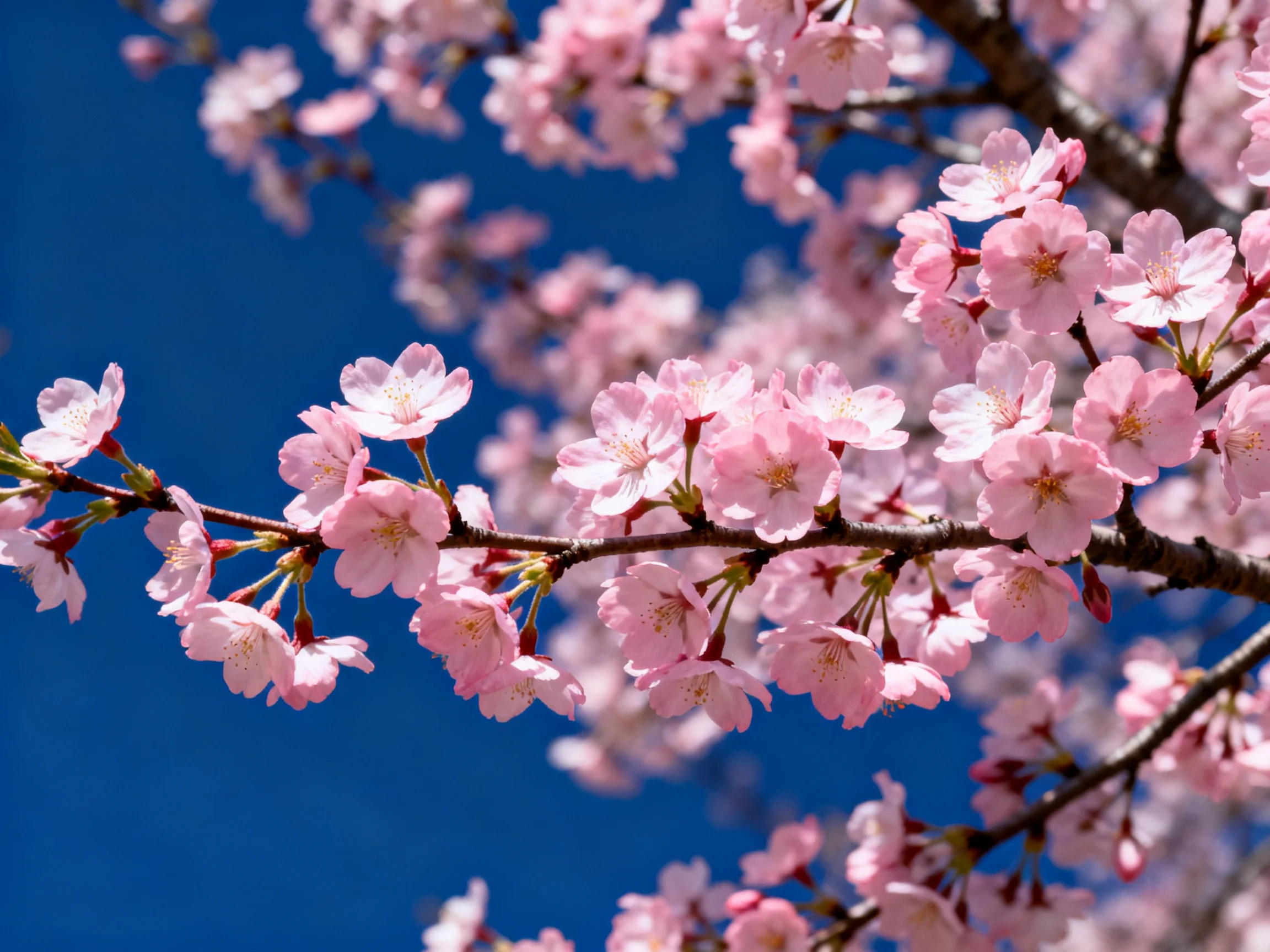 Vibrant pink cherry blossom clusters bloom on branches with a vivid blue sky