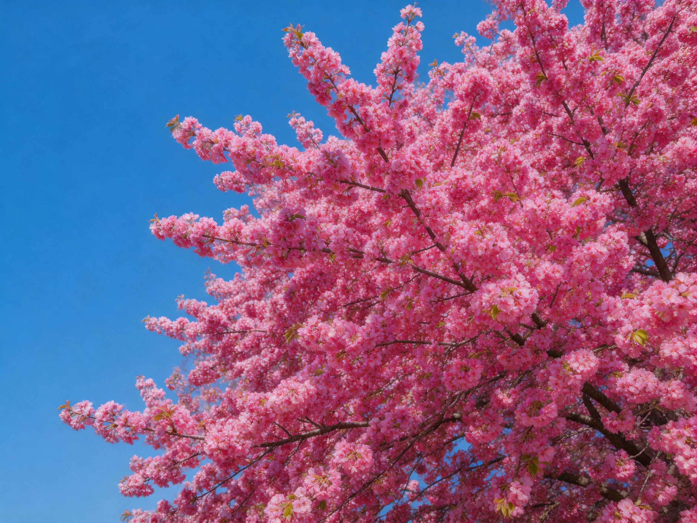 Vibrant pink cherry blossom tree blooms against clear blue sky