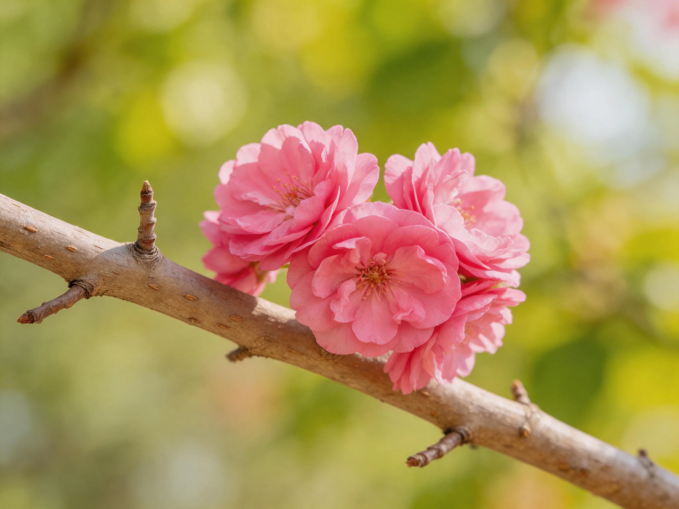 Vibrant pink cherry blossoms cluster on a brown tree branch