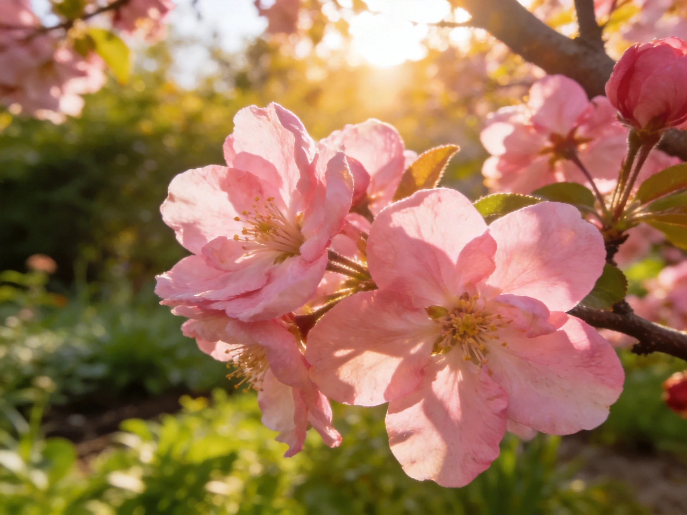 Vibrant pink cherry blossoms illuminated by warm sunlight among greenery