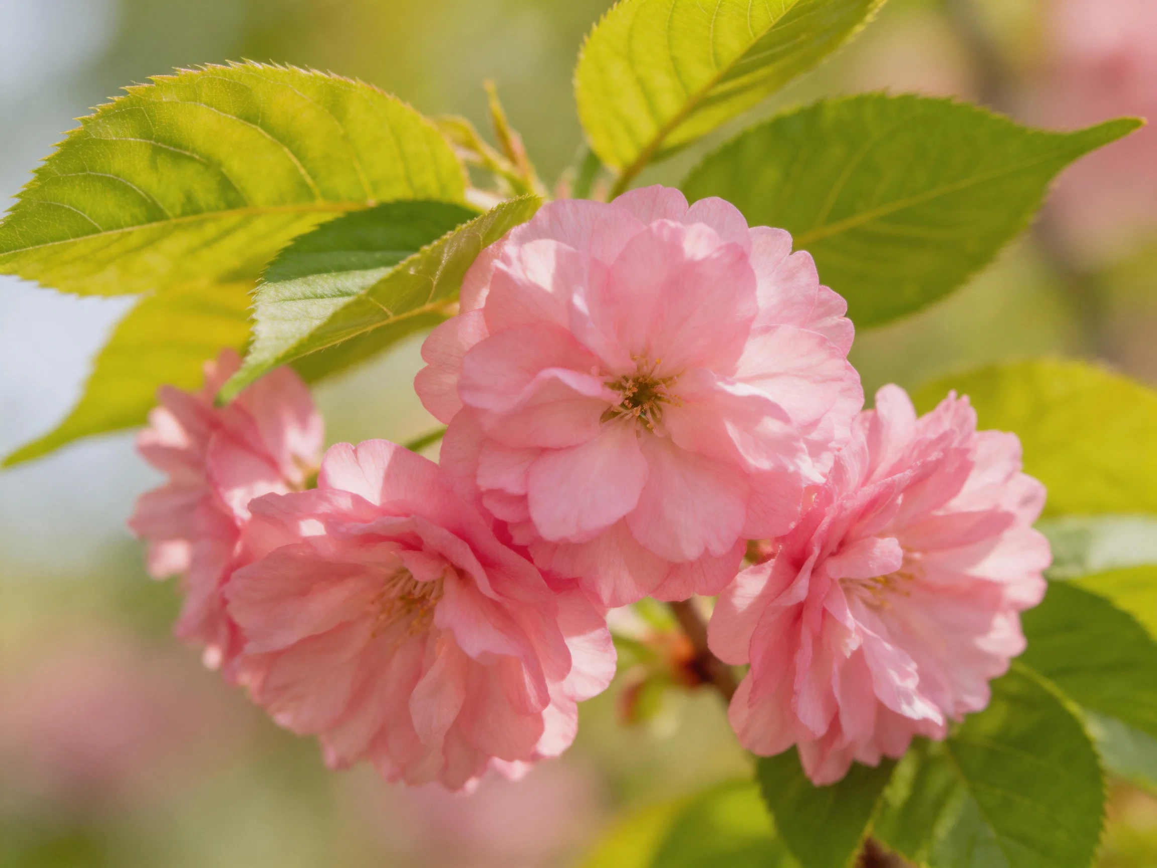 Vibrant pink cherry blossoms with lush green foliage