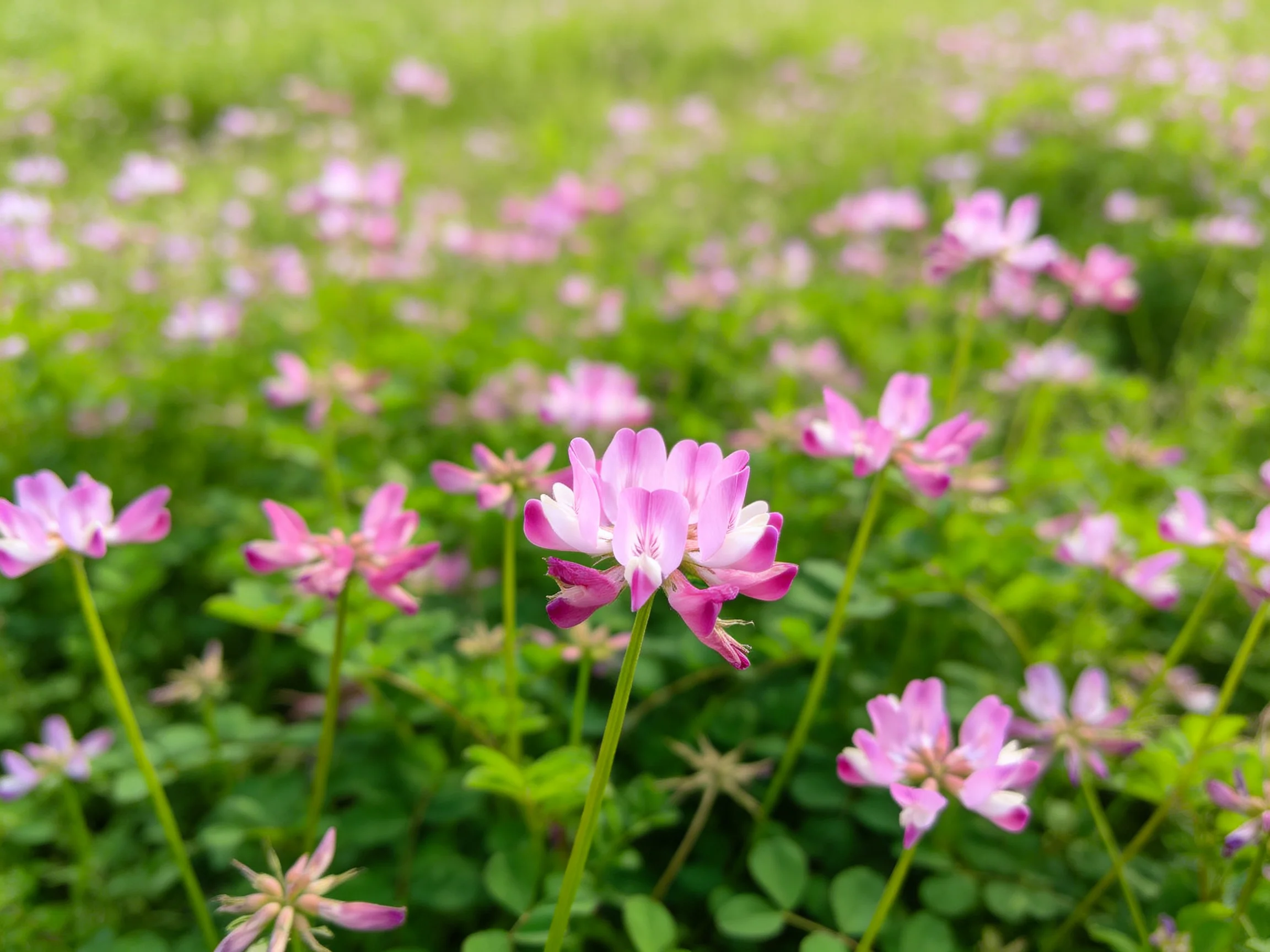 Vibrant pink clover blooms scattered among lush green foliage