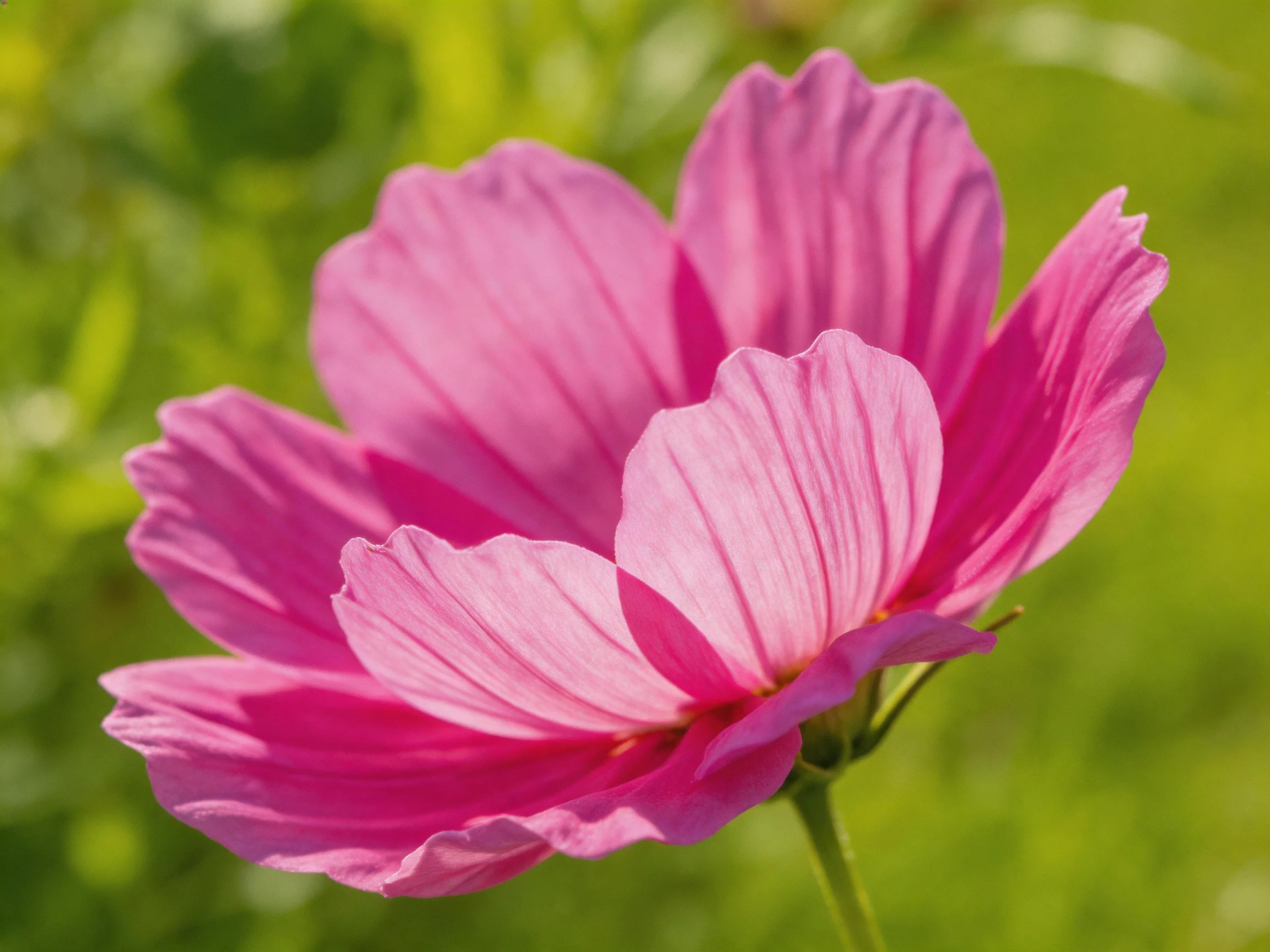 Vibrant pink cosmos blooms with layered petals against a green backdrop