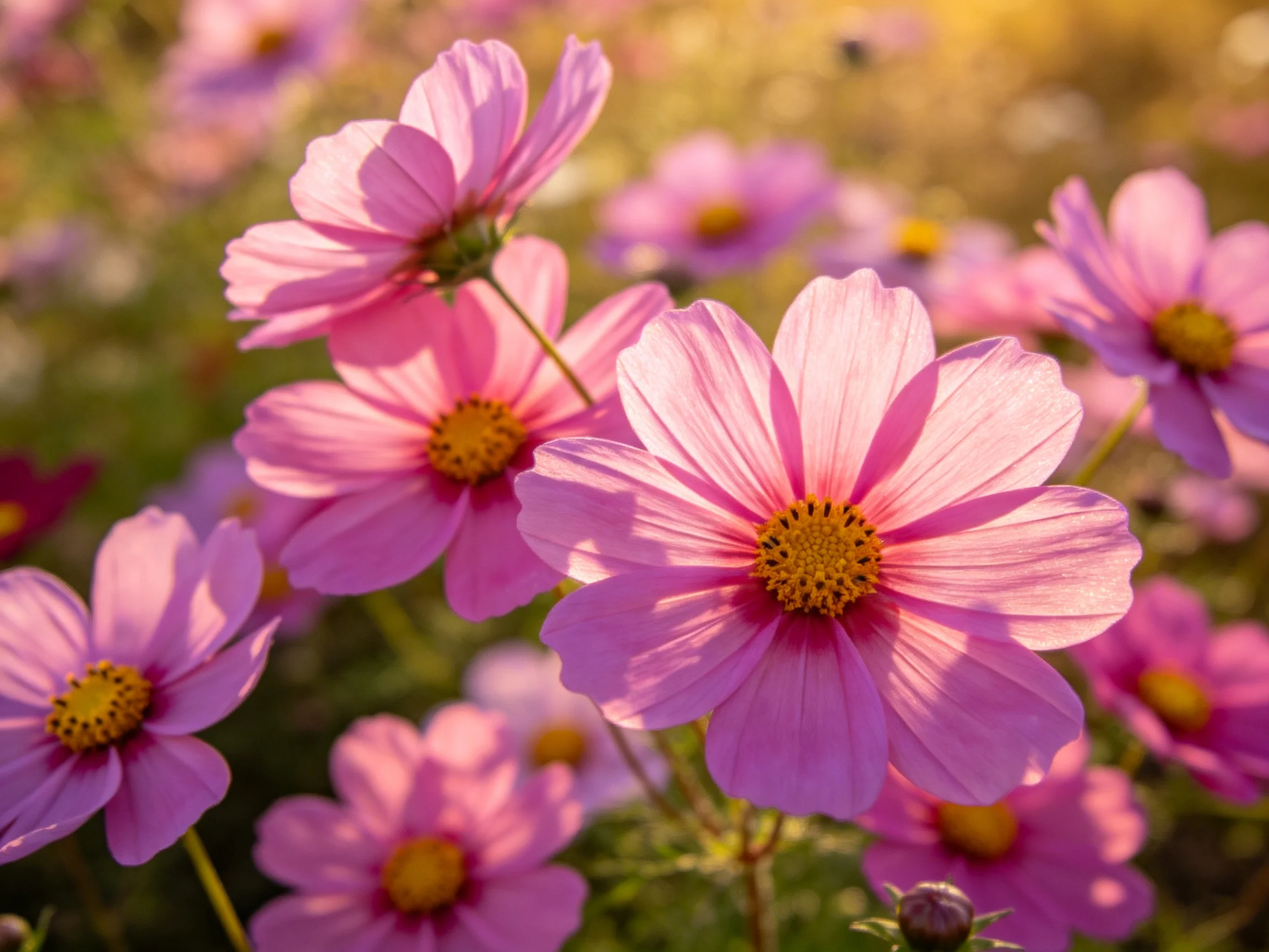 Vibrant pink cosmos flowers illuminated by warm sunlight