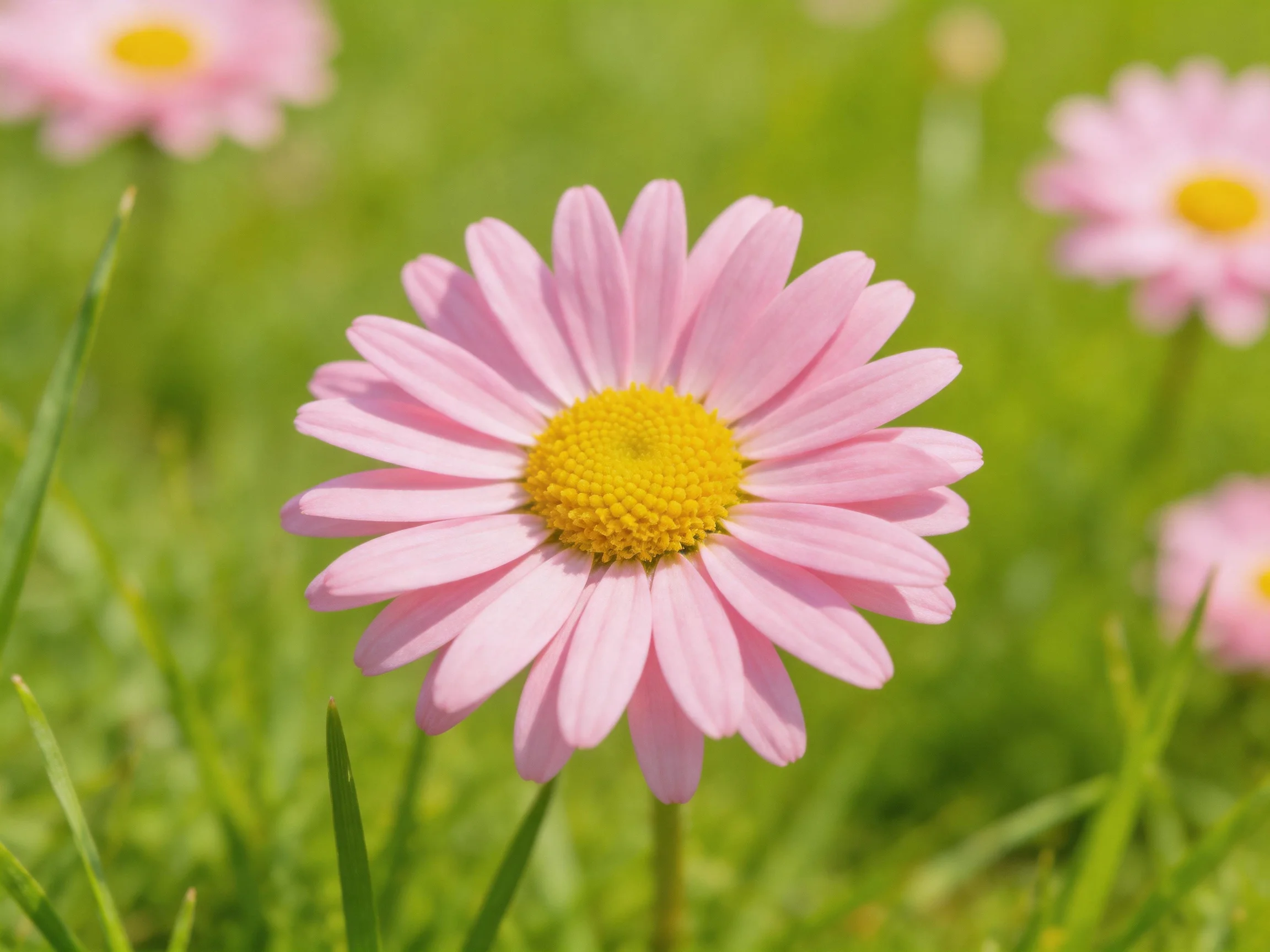 Vibrant pink daisies centered amid lush green grass