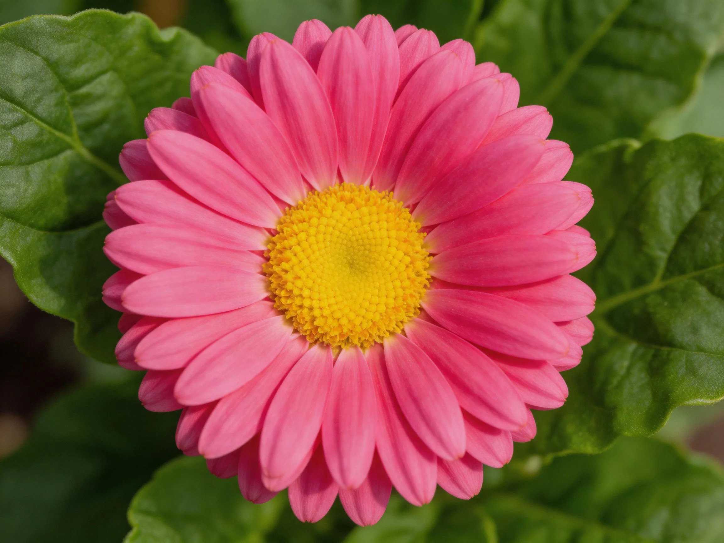 Vibrant pink daisy with bright yellow center amid lush green leaves