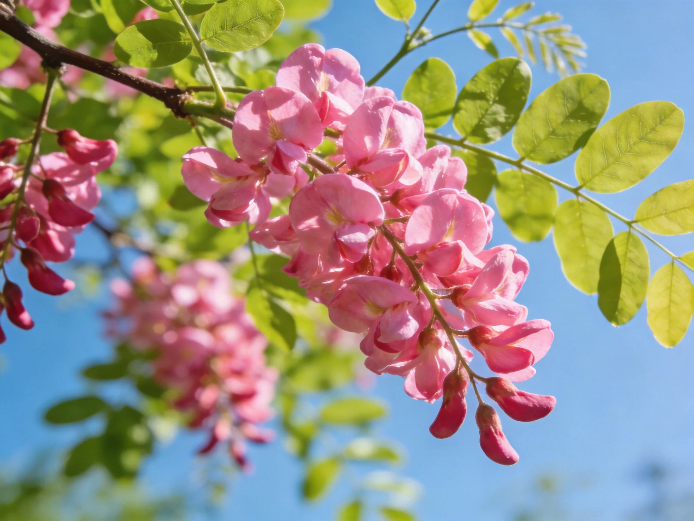 Vibrant pink flower clusters bloom among green leaves under blue sky