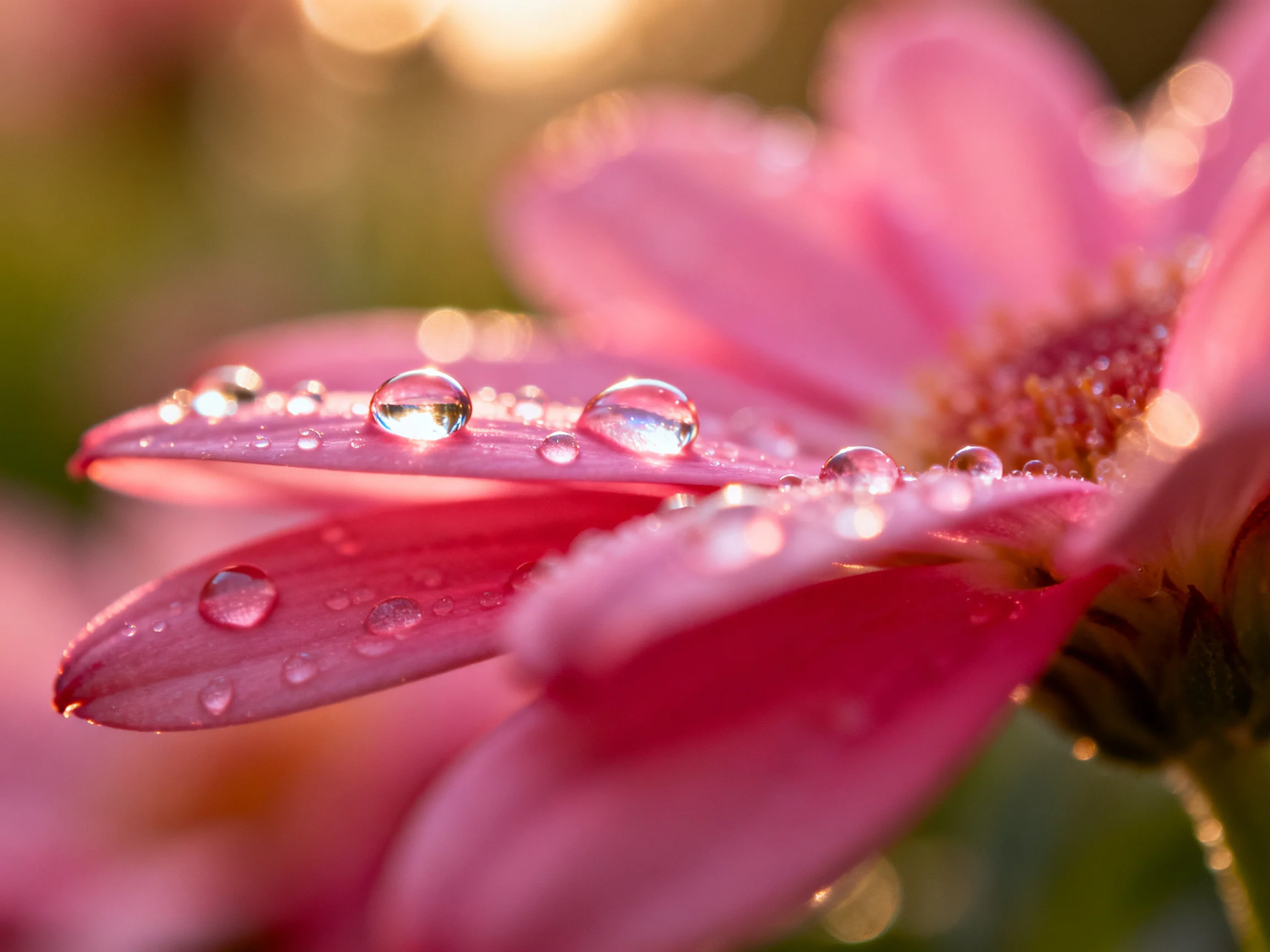 Vibrant pink flower petals adorned with dew droplets