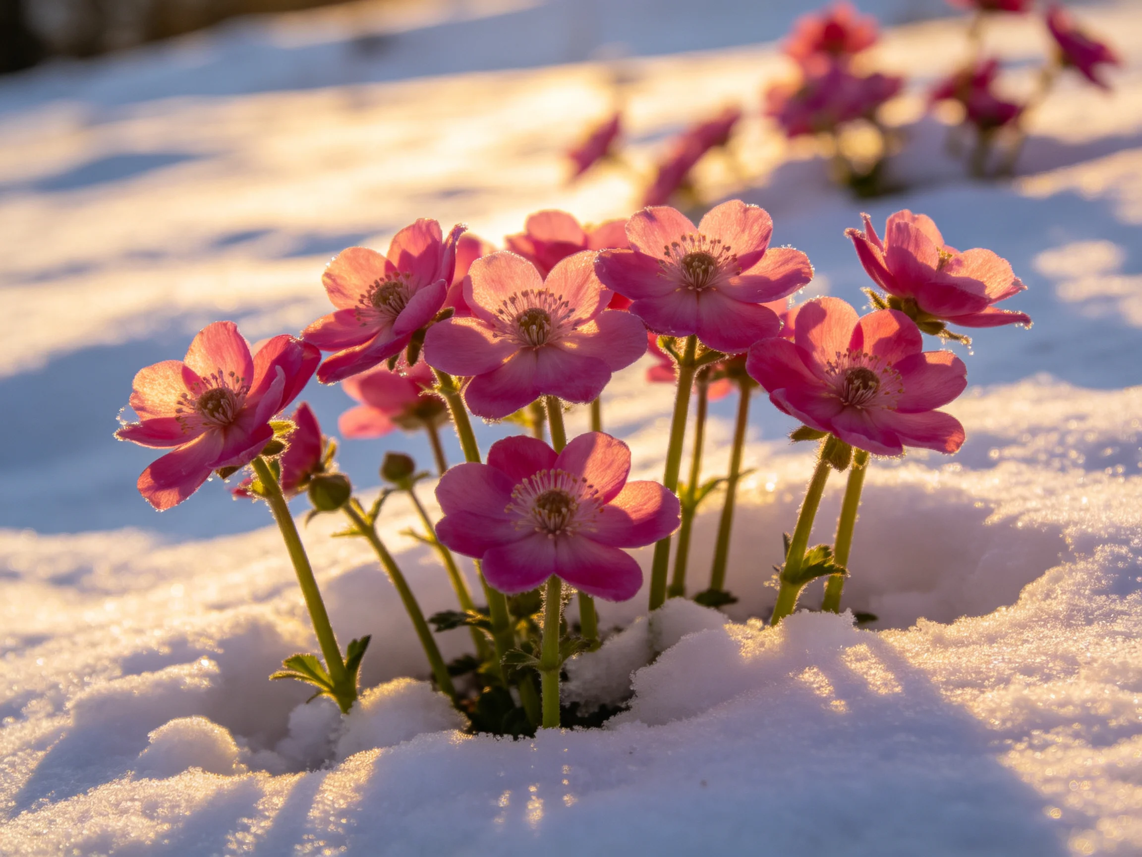 Vibrant pink flowers bloom through snowy landscape under golden light