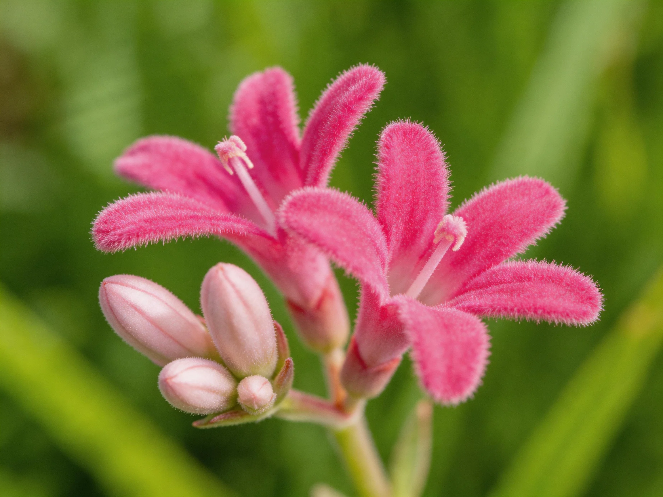 Vibrant pink fuzzy flowers with unopened buds amid green foliage