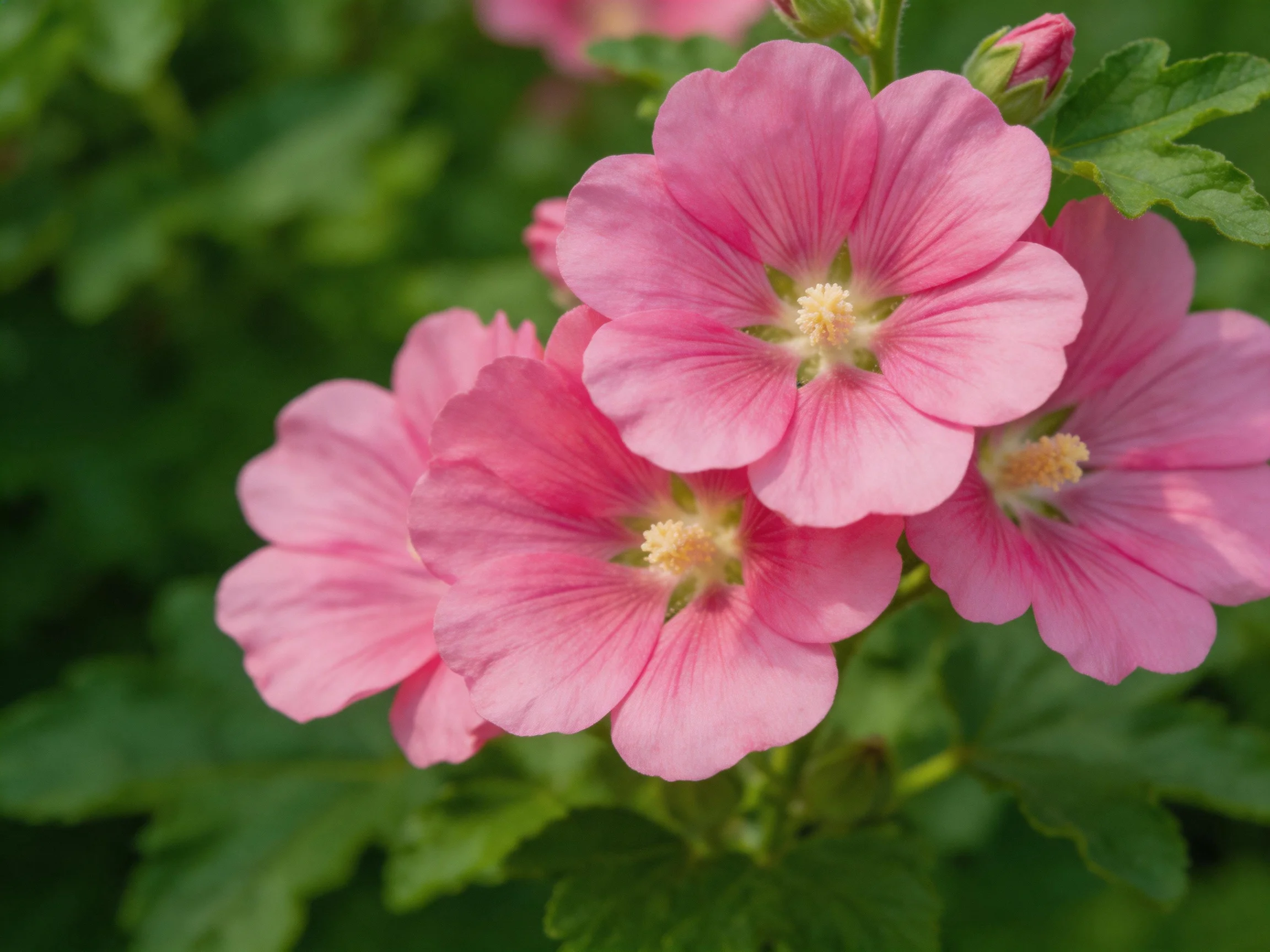 Vibrant pink hollyhock blooms clustered among lush green foliage